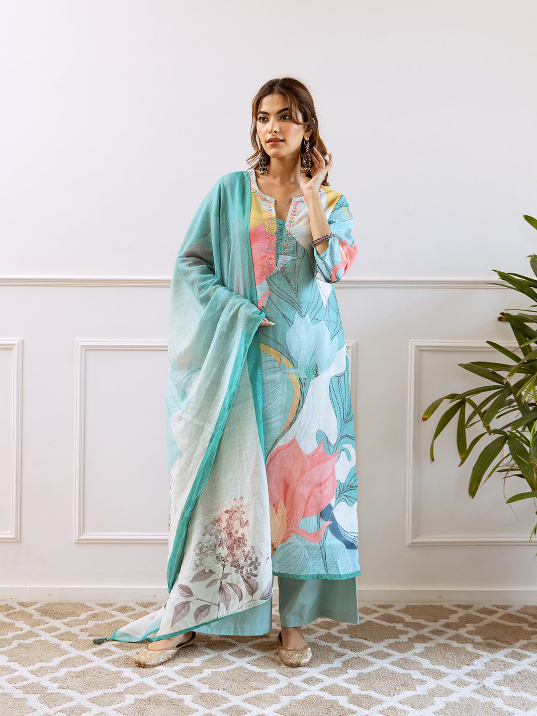 Floral Printed Notched Neck Linen Straight Kurta Set with Dupatta- Multicolor