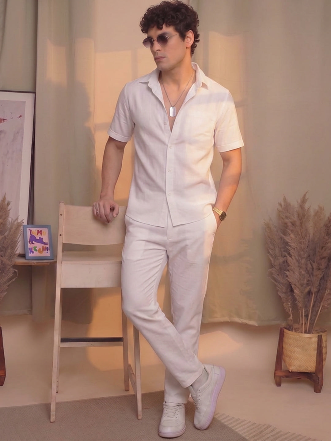 Men’s Premium Cotton Co-Ord Set | Resort Collar Shirt & Trouser Set | White