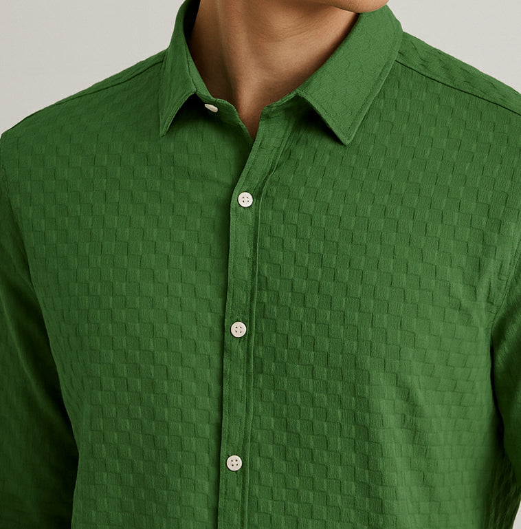Men's Casual Checks Textured Popcorn Shirts- Green