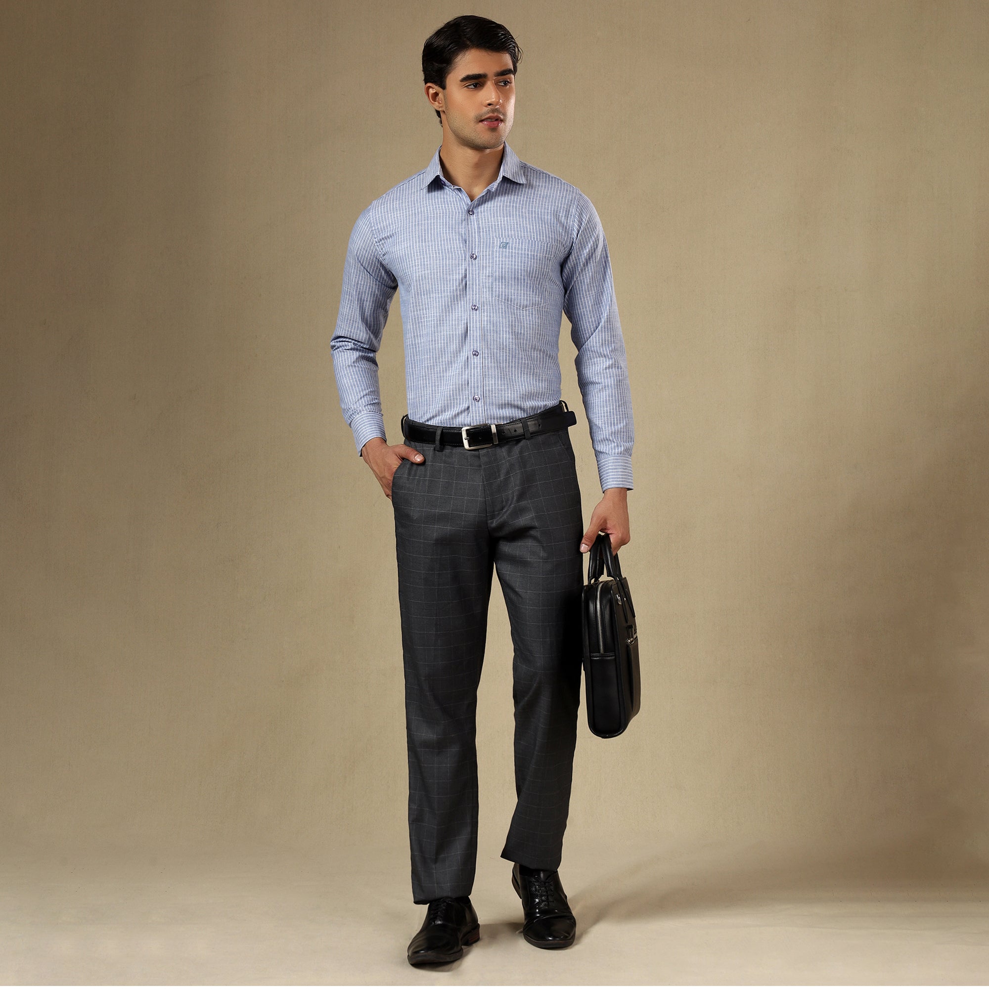 Men's Striped Linen Regular Fit Single Pocket Shirt- Blue