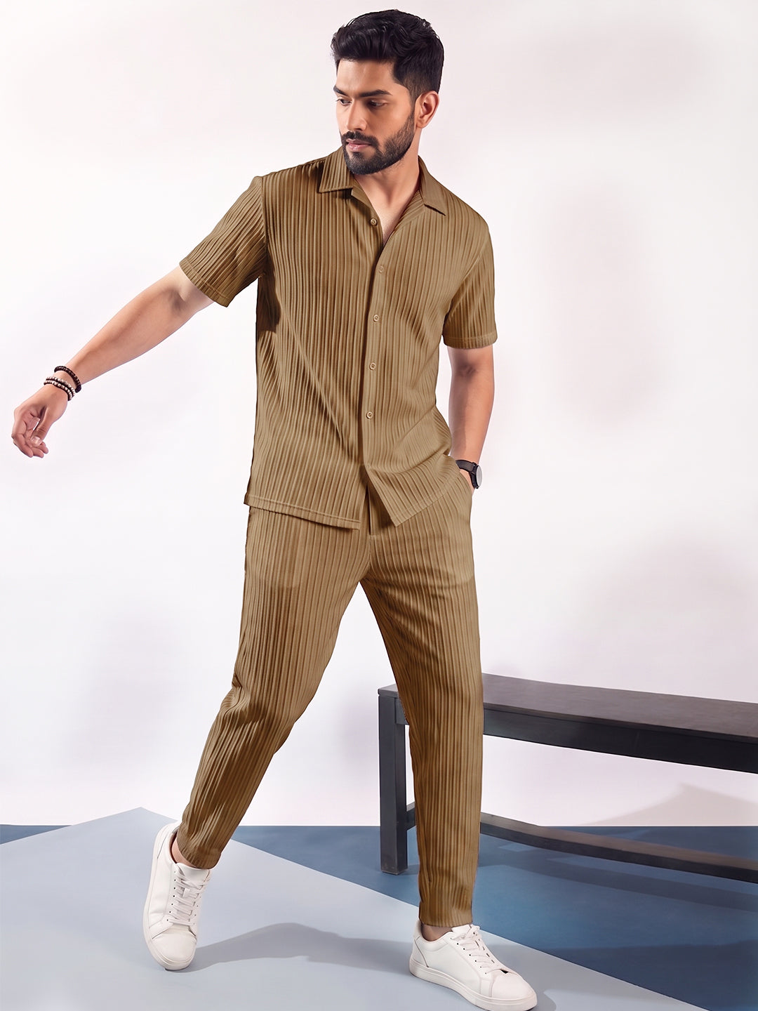 Men’s Beige extured Co-Ord Set – Premium Relaxed Fit Shirt & Trouser Set