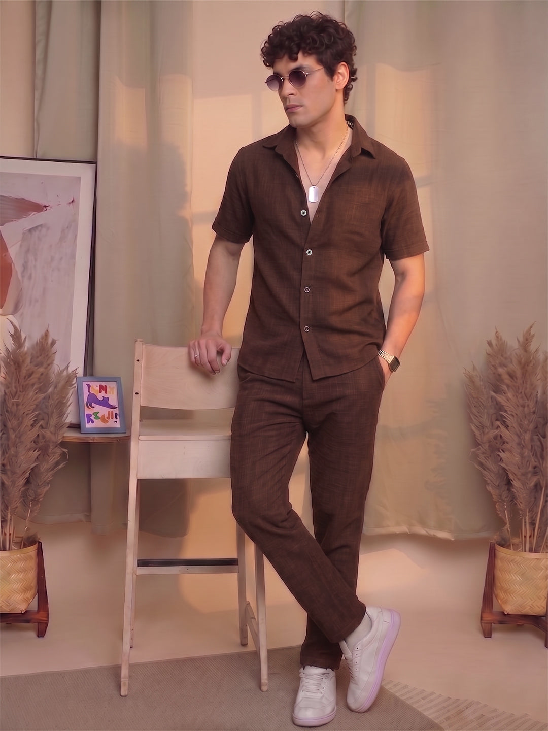 Men’s Premium Cotton Co-Ord Set | Resort Collar Shirt & Trouser Set | Brown
