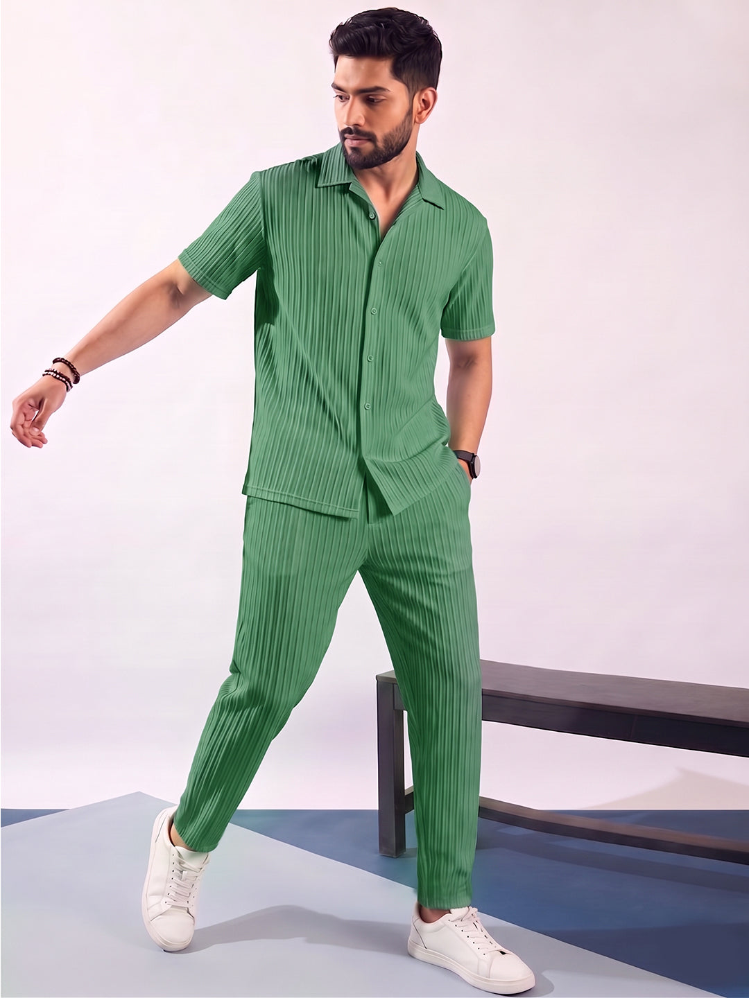 Men’s Mint Green Textured Co-Ord Set – Premium Relaxed Fit Shirt & Trouser Set