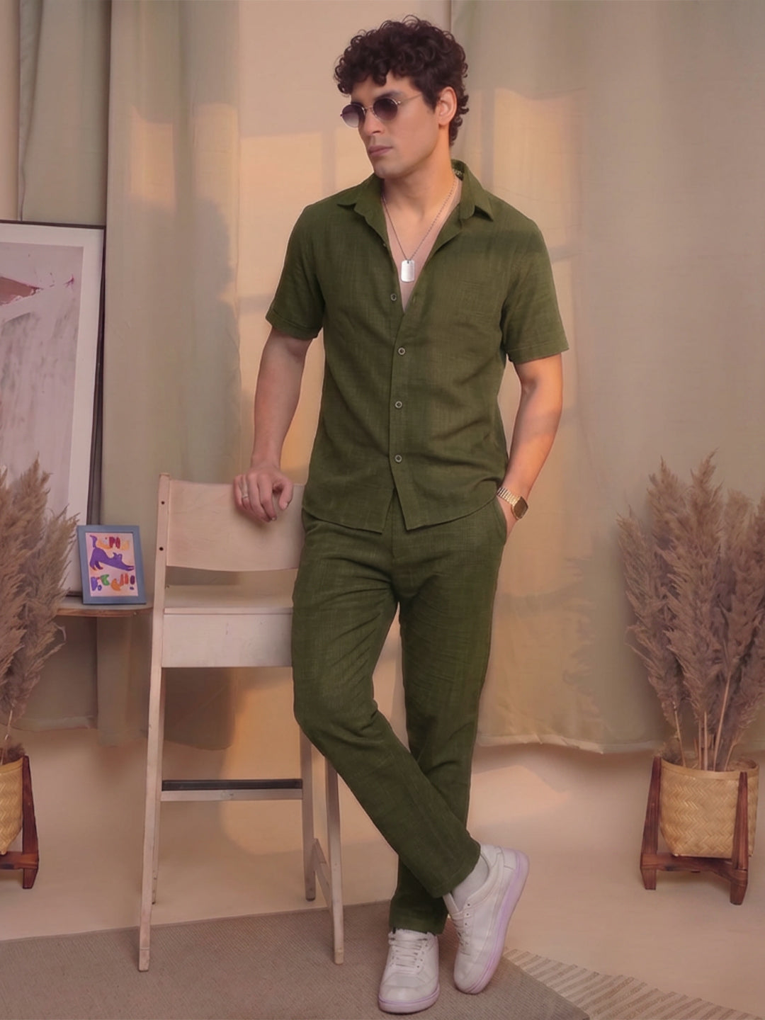 Men’s Premium Cotton Co-Ord Set | Resort Collar Shirt & Trouser Set | Olive Green