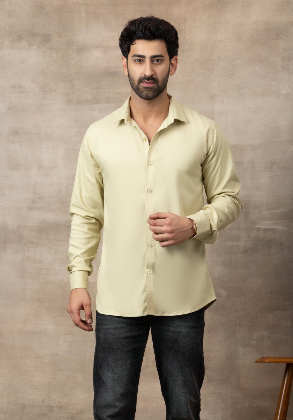 Men Classic Soft Stretchable Shirt- Cream Yellow