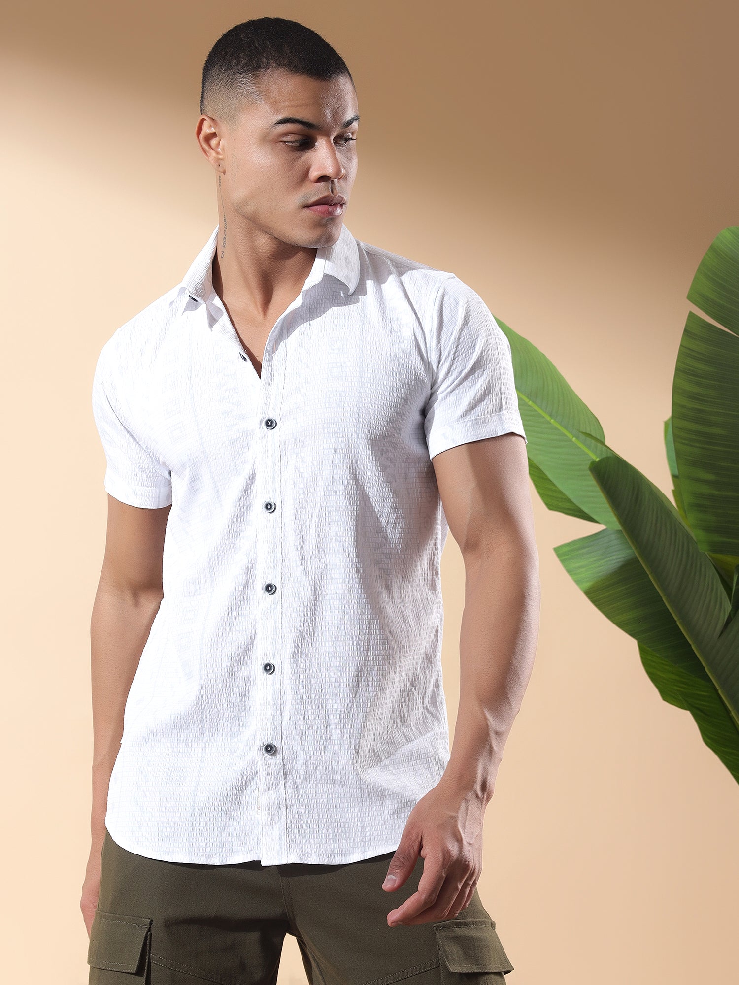 White-02- HALF CASUAL PRINTED COTTON SHIRT REGULAR FIT FOR MEN