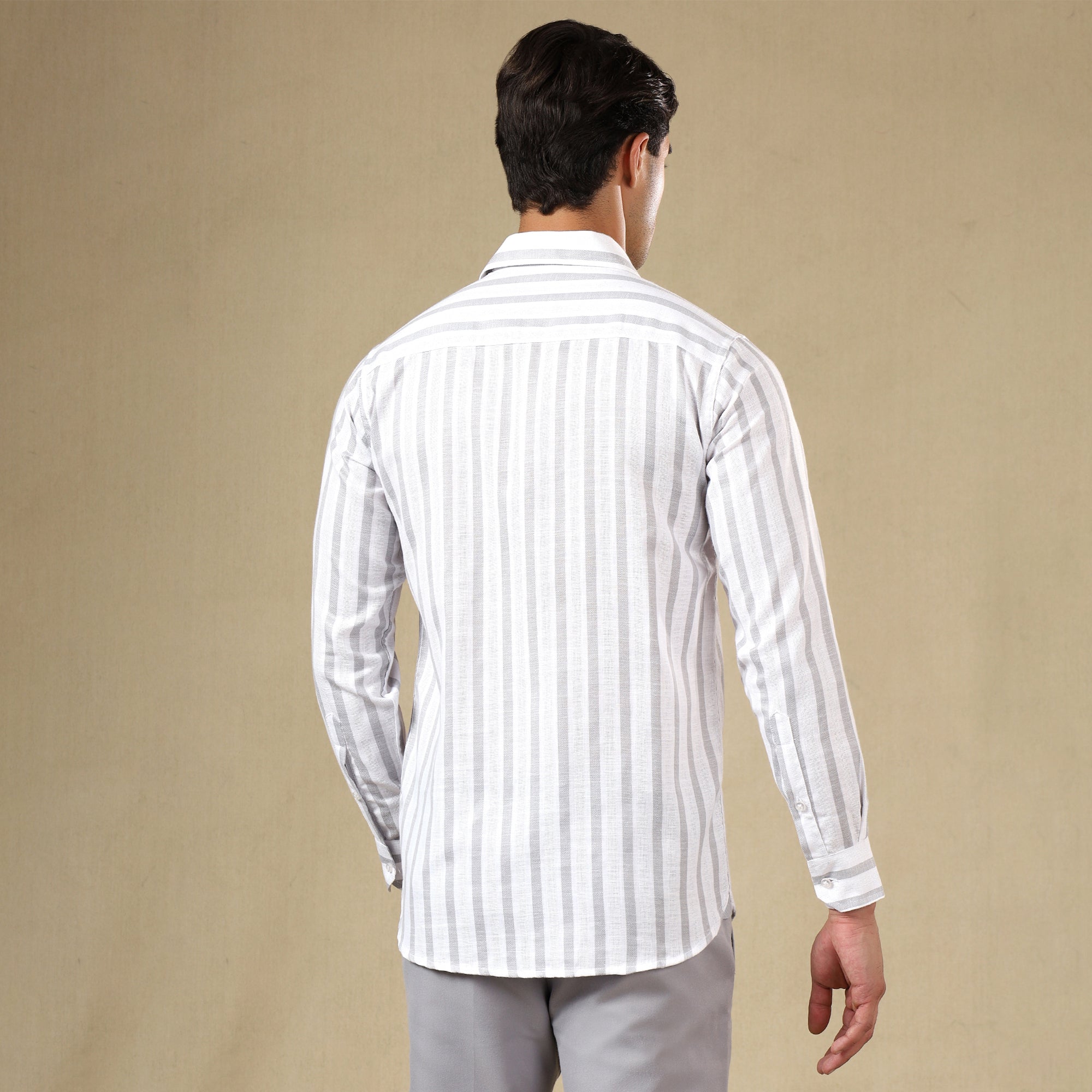Men's Striped Linen Regular Fit Single Pocket Shirt- Grey
