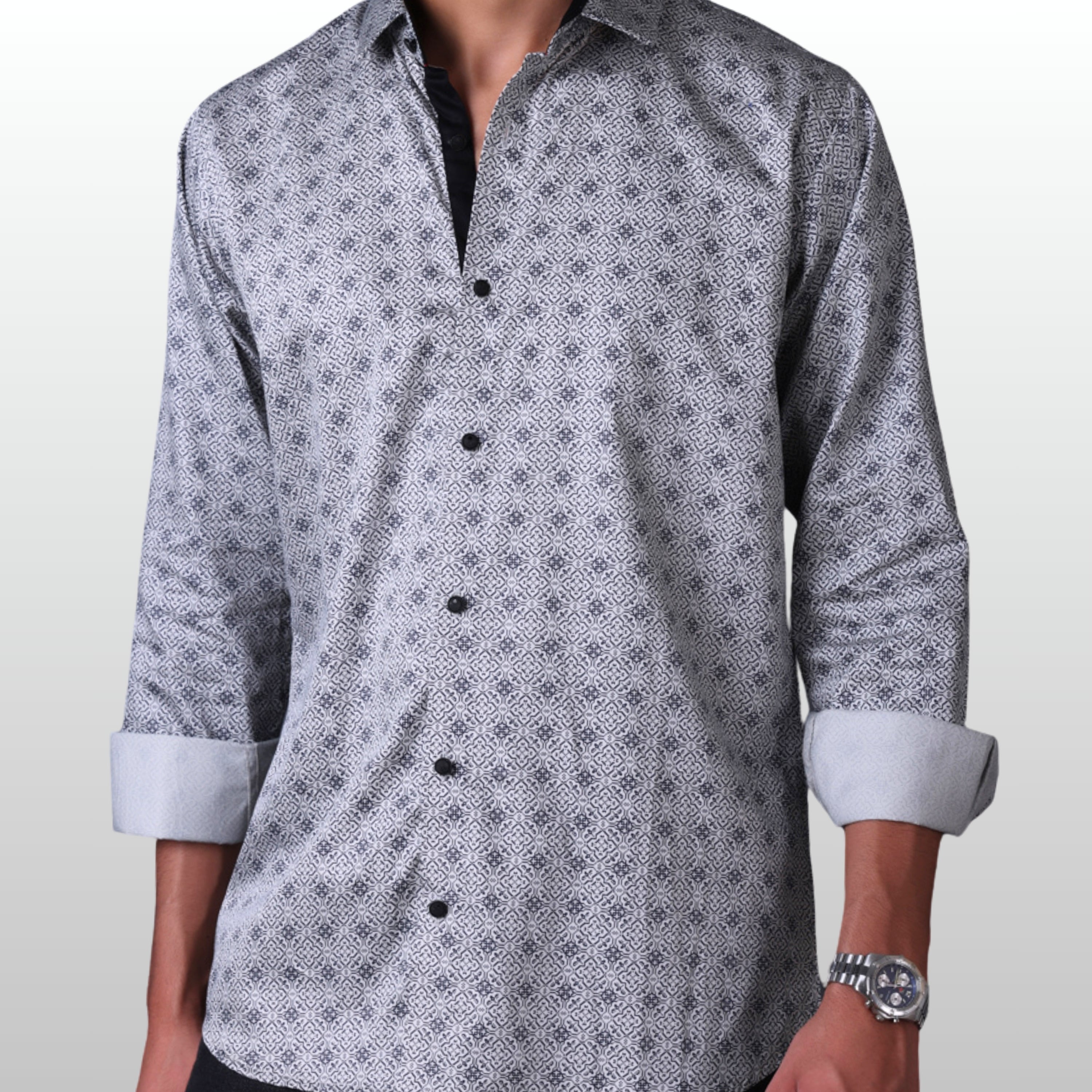 PRINTED SHIRTS | FORMAL & CASUAL SHIRTS FOR MEN | FILO HEVIS GEOMETRIC PRINTS SHIRT COLLECTION-Grey