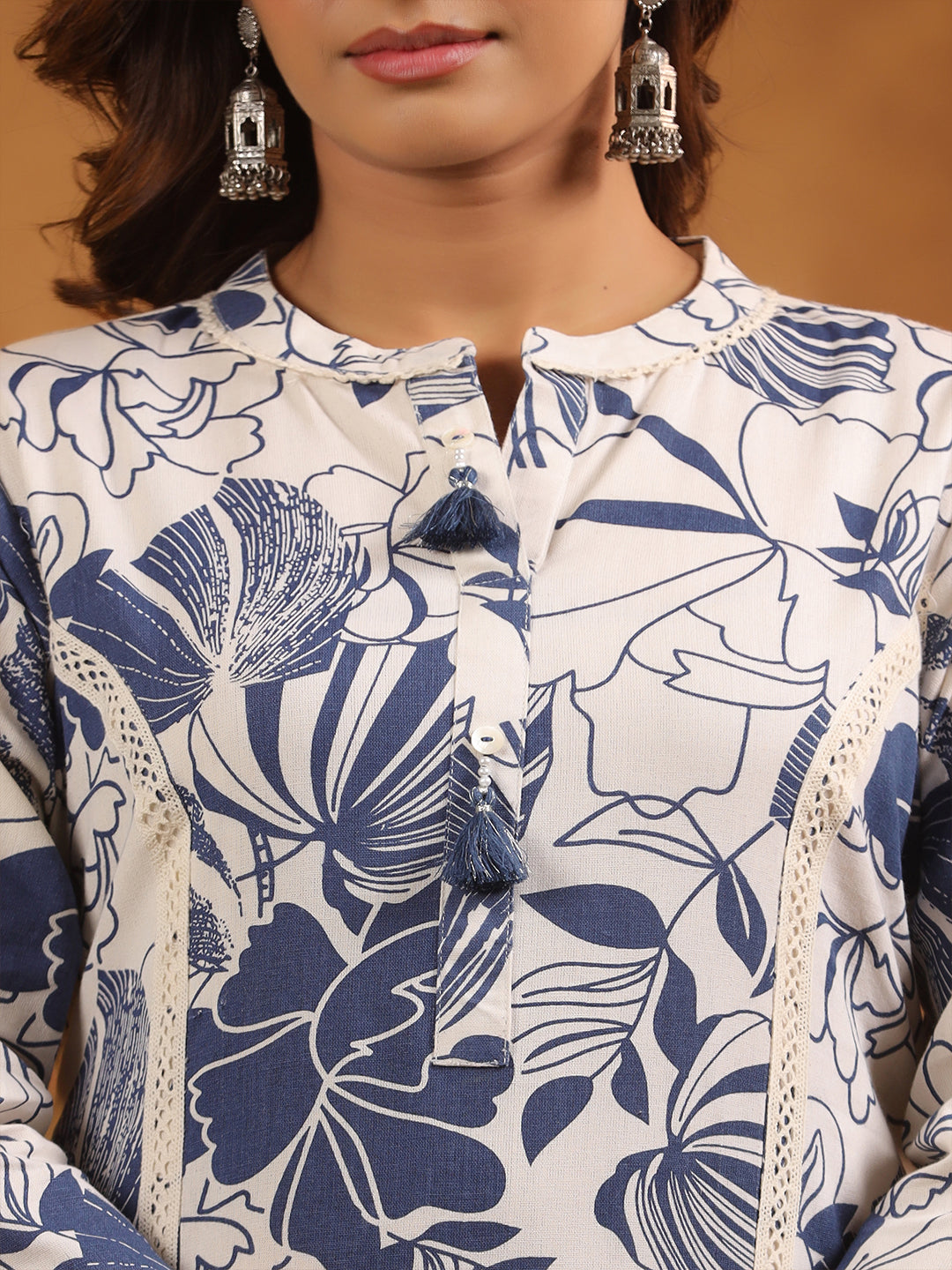 Floral Print Cotton Mandarin Collar Straight Long Kurti- Blue & Cream