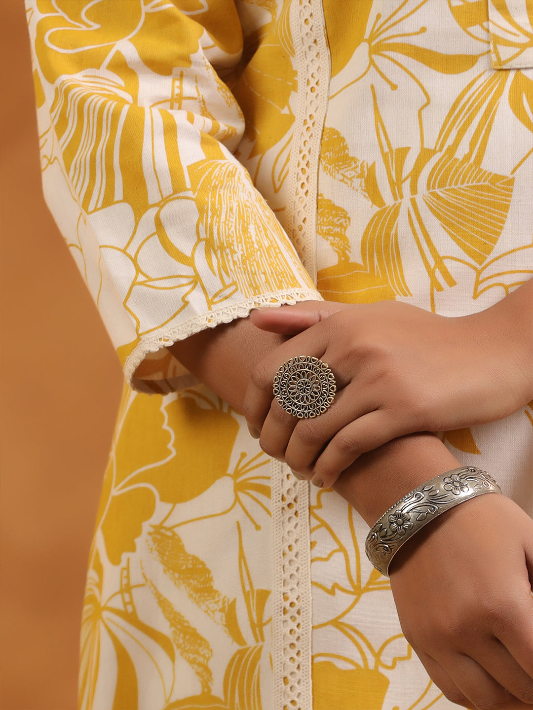 Floral Print Cotton Mandarin Collar Straight Long Kurti- Yellow & Cream
