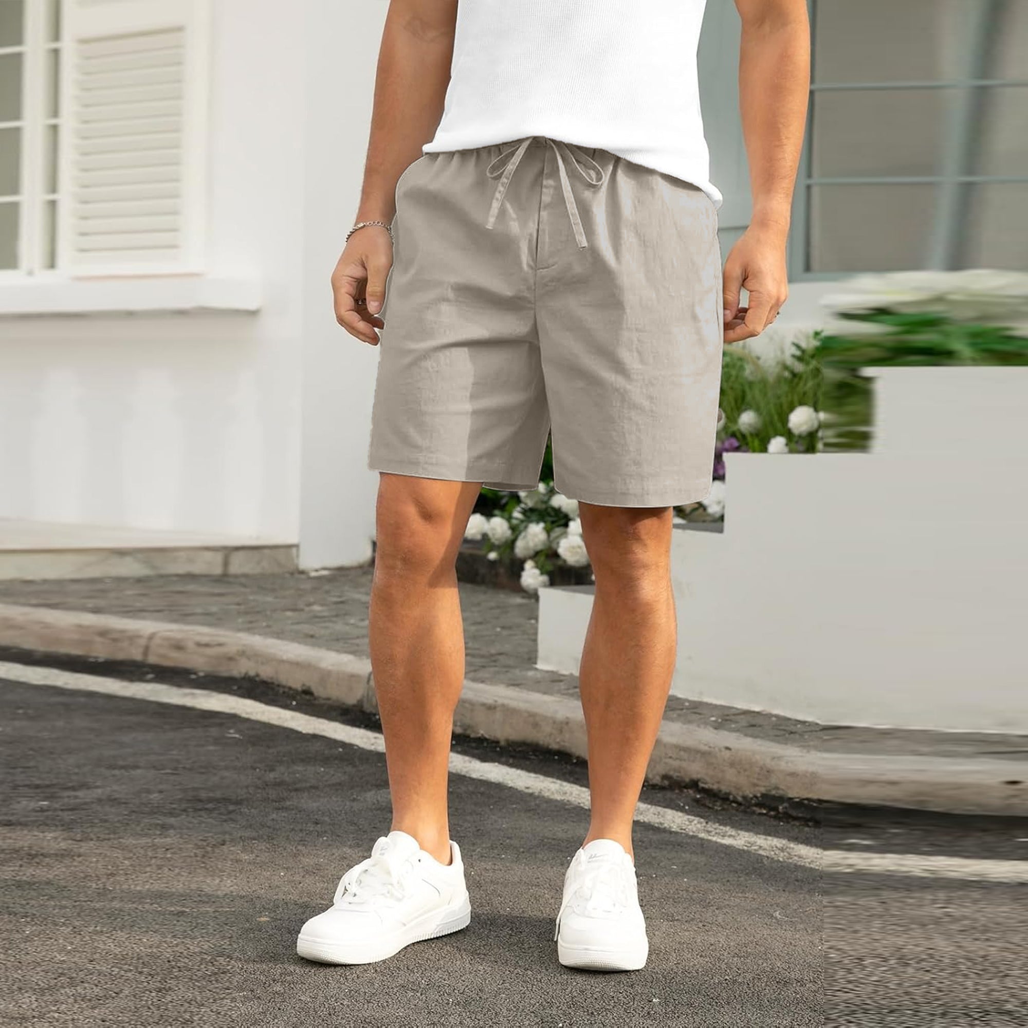Mens Cotton Linen Shorts Casual Drawstring 8.5 inch Inseam Shorts Stretch Summer-Cream