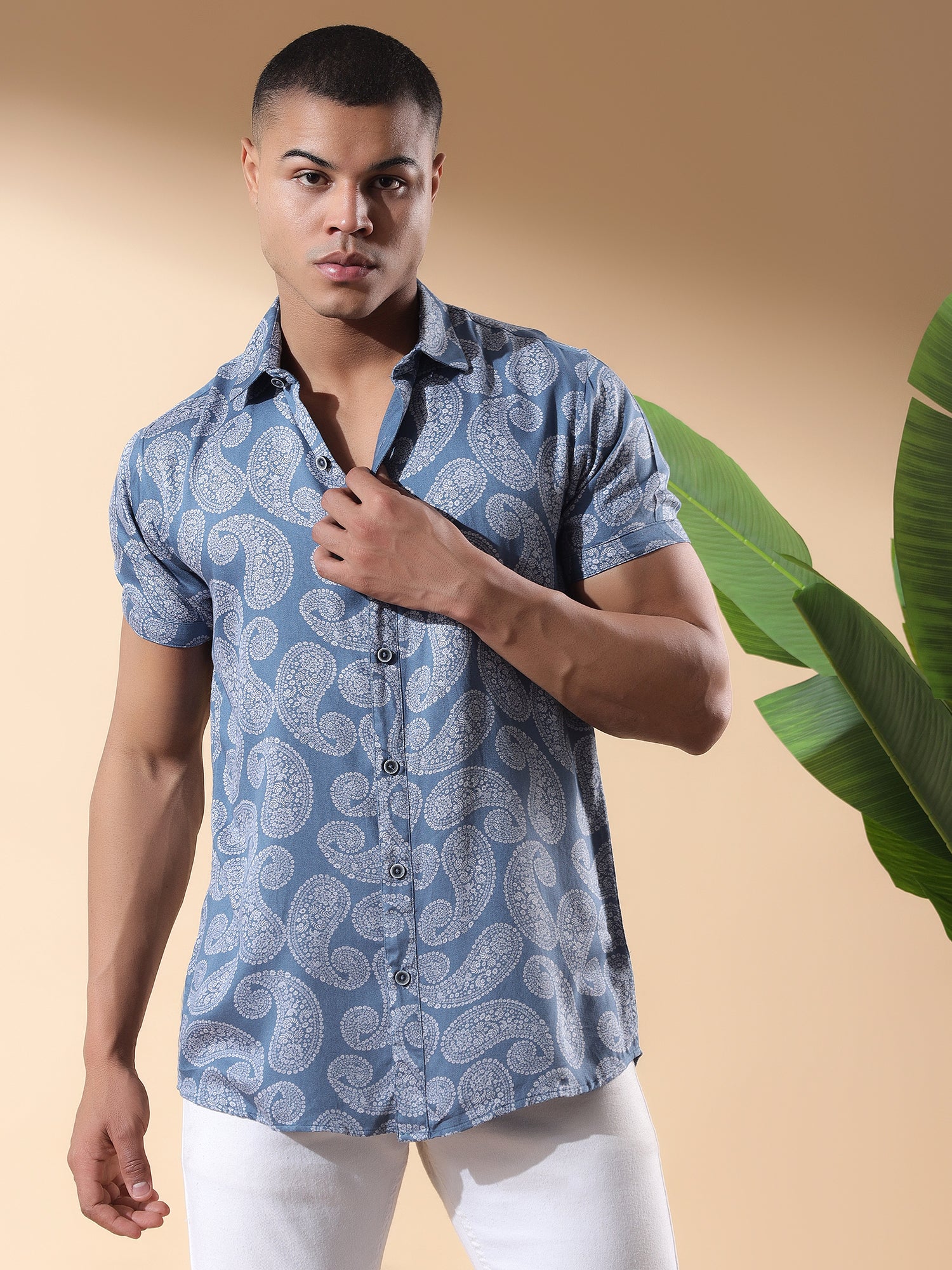 Blue Half Casual Printed Cotton Shirt Regular Fit For Man-Blue