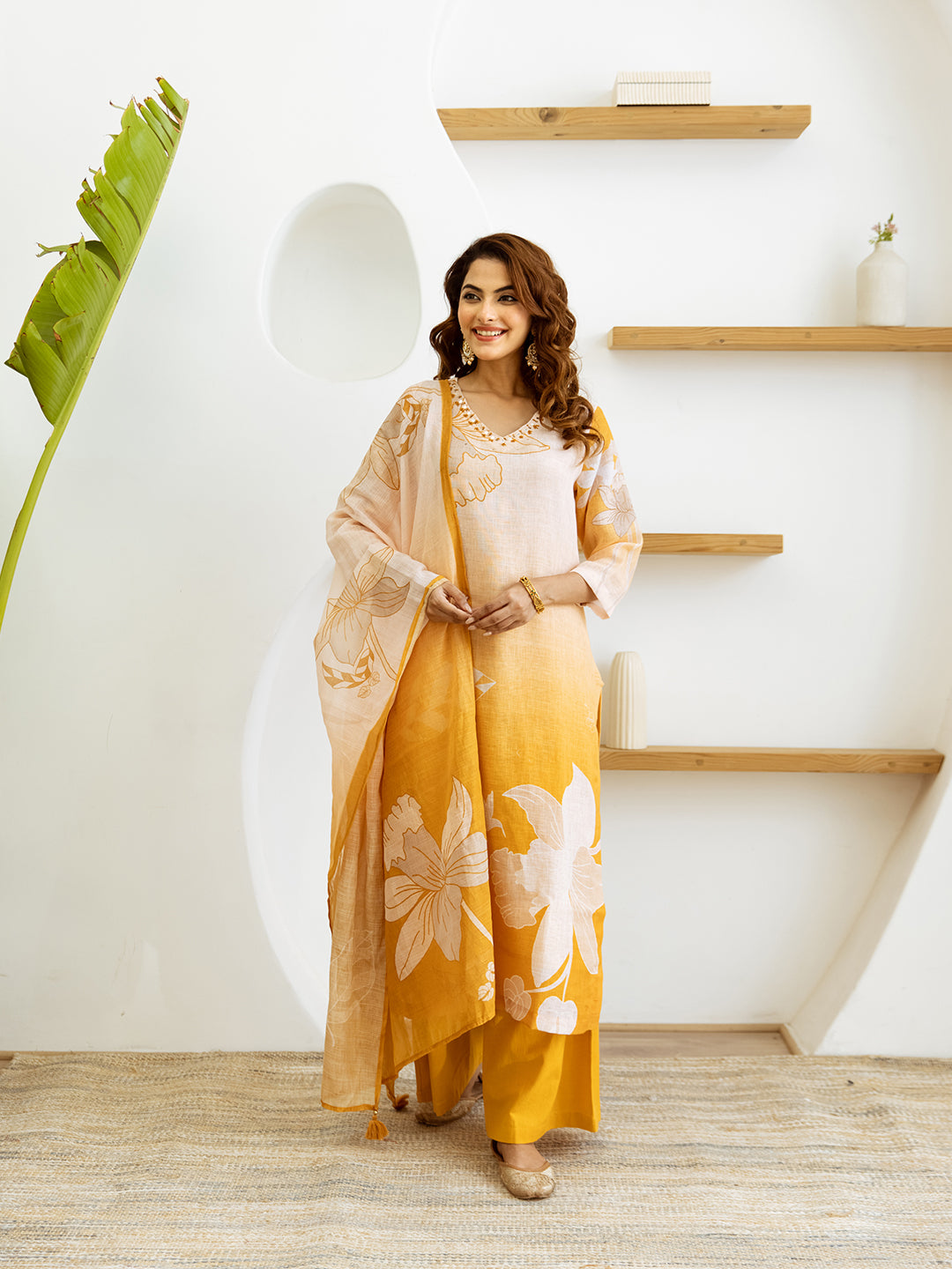 Floral Printed V-Neck Linen Straight Kurta Set with Dupatta- Yellow
