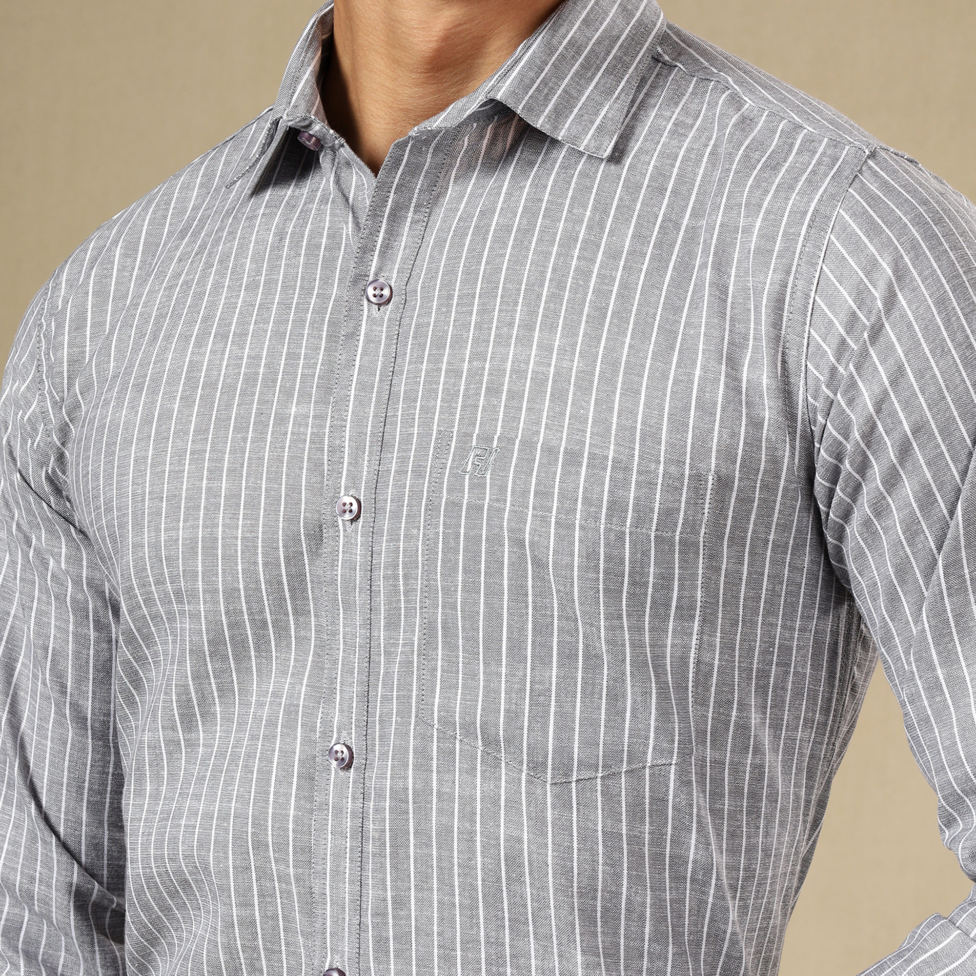 Men's Striped Linen Regular Fit Single Pocket Shirt- GREY