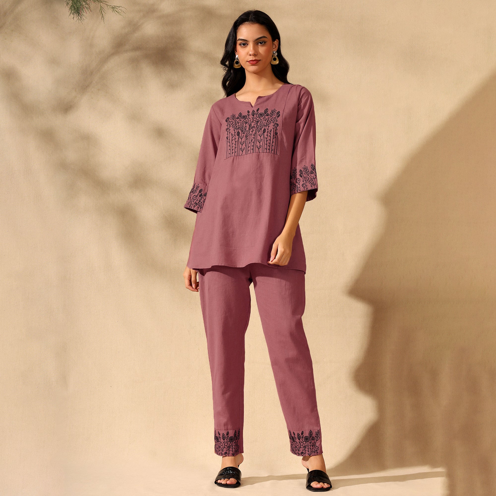 Botanical Embroidered Pure Cotton Tunic With Trousers Pink Co-ord Set