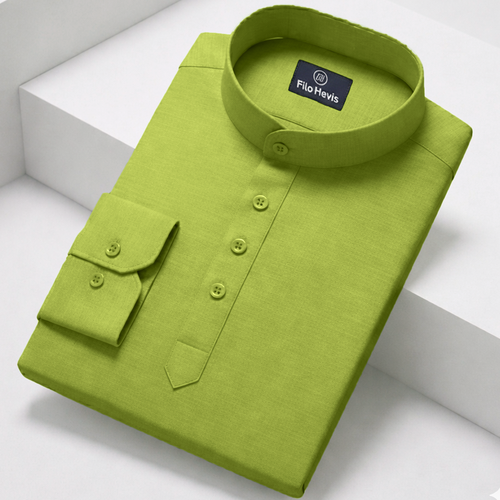 Cotton Chinese Collar Short Kurta for Men | Traditional Nehru Ethnic Shirts | Daily Wear-Mehendi Green