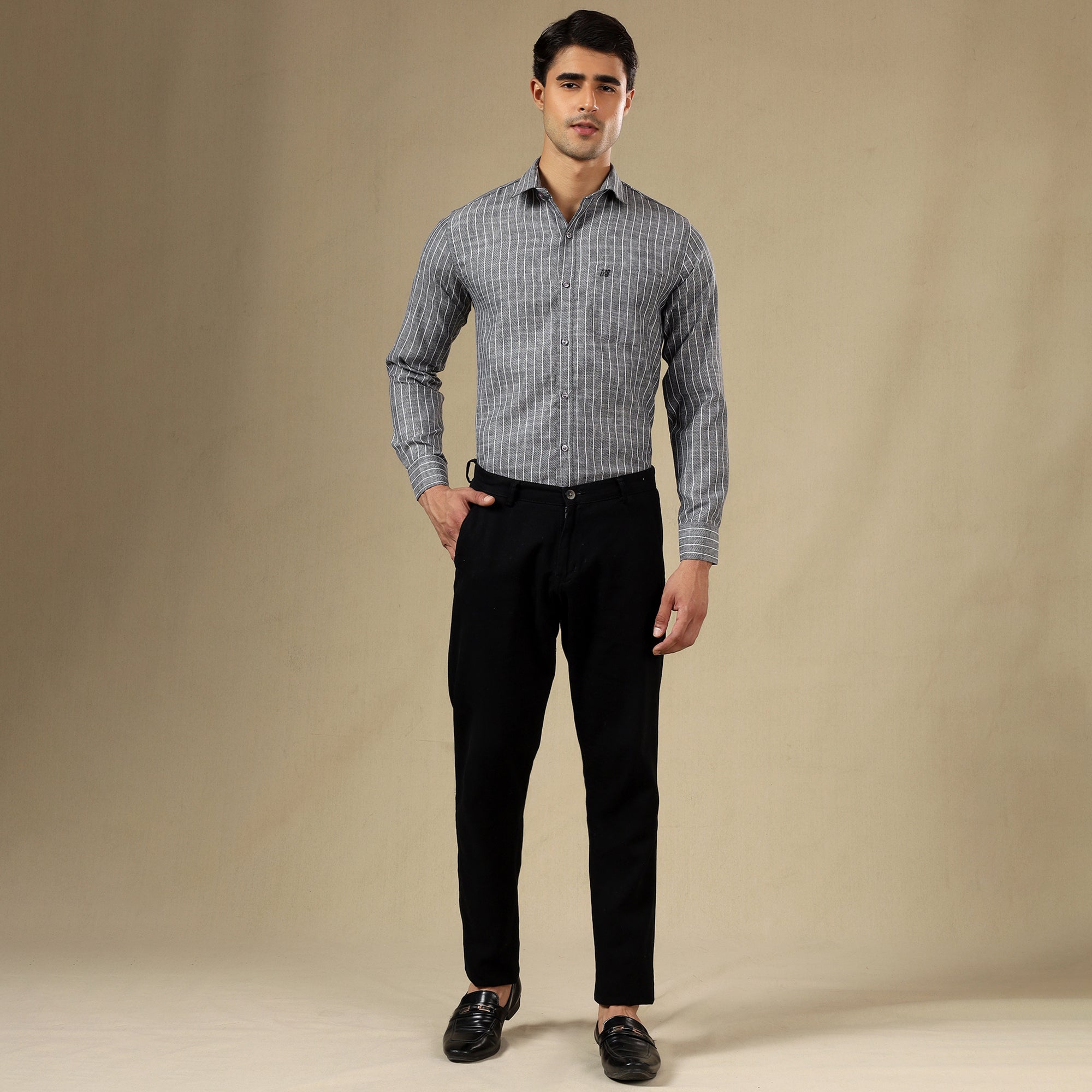 Men's Striped Linen Regular Fit Single Pocket Shirt- Grey