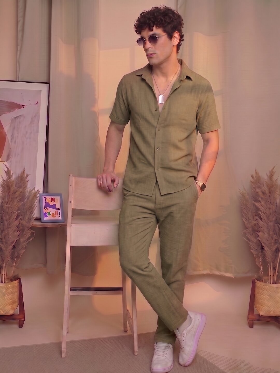 Men’s Premium Cotton Co-Ord Set | Resort Collar Shirt & Trouser Set | Beige