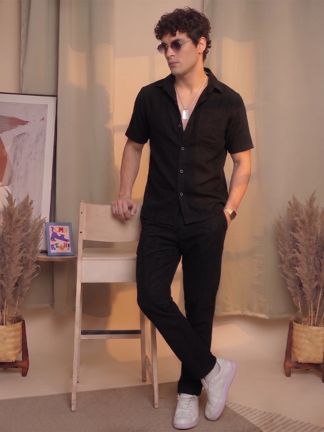 Men’s Premium Cotton Co-Ord Set | Resort Collar Shirt & Trouser Set | Black