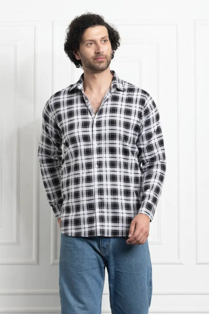 Check Regular Fit Cotton Pocket Shirt - Black & White