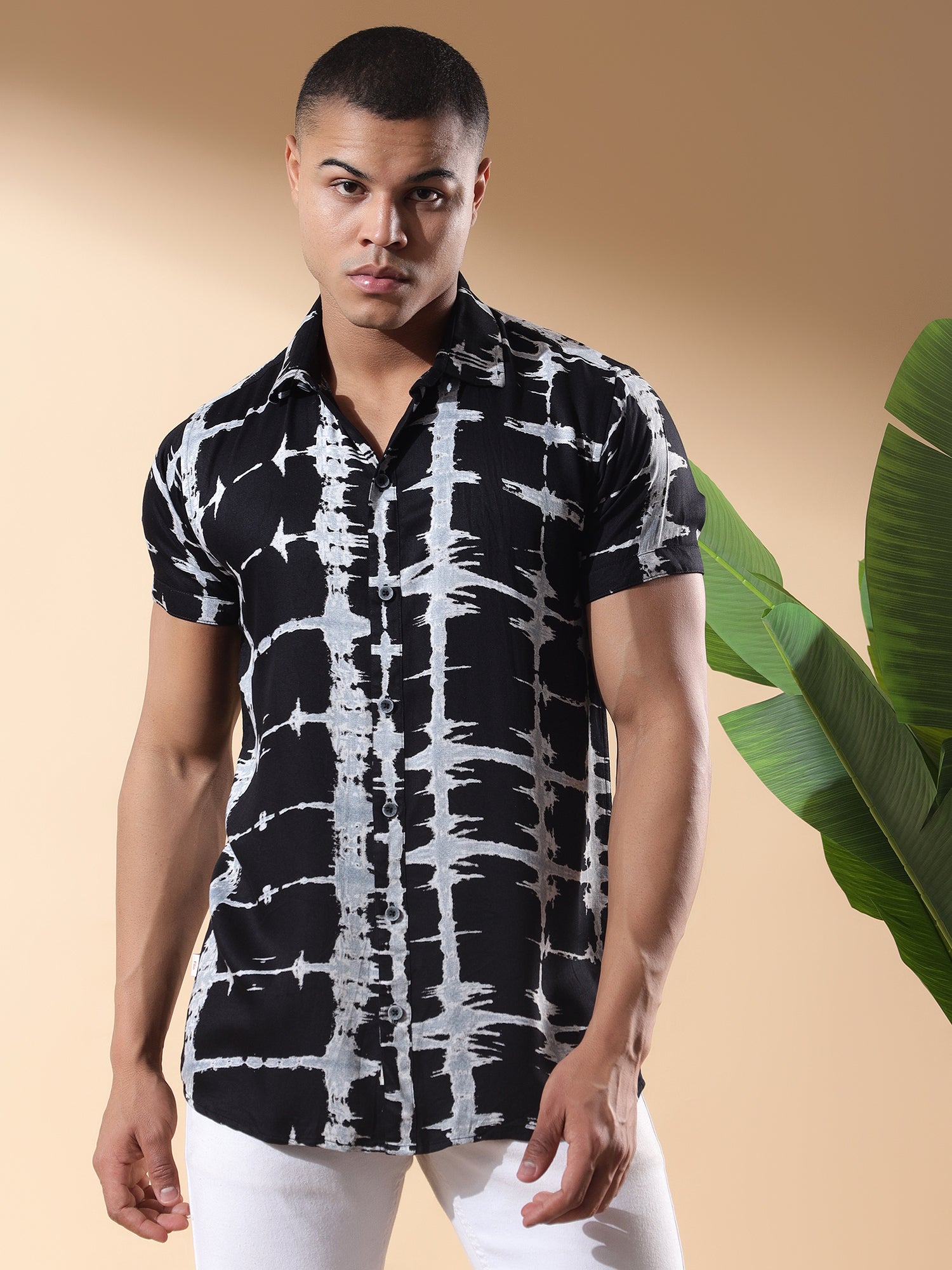 Half Casual Printed Cotton Shirt Regular Fit For Man-Black