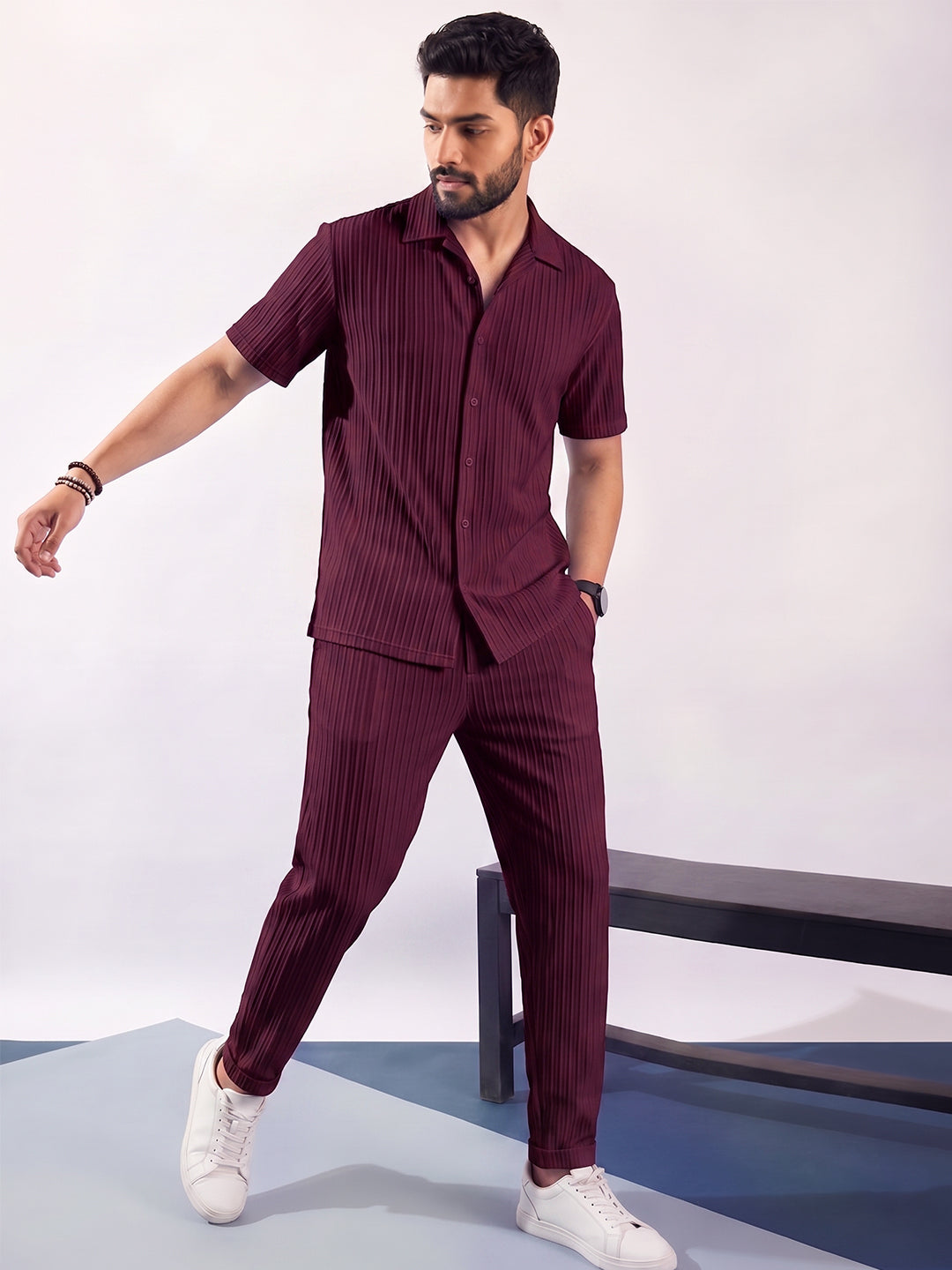 Men’s Dark Maroon Textured Co-Ord Set – Premium Relaxed Fit Shirt & Trouser Set