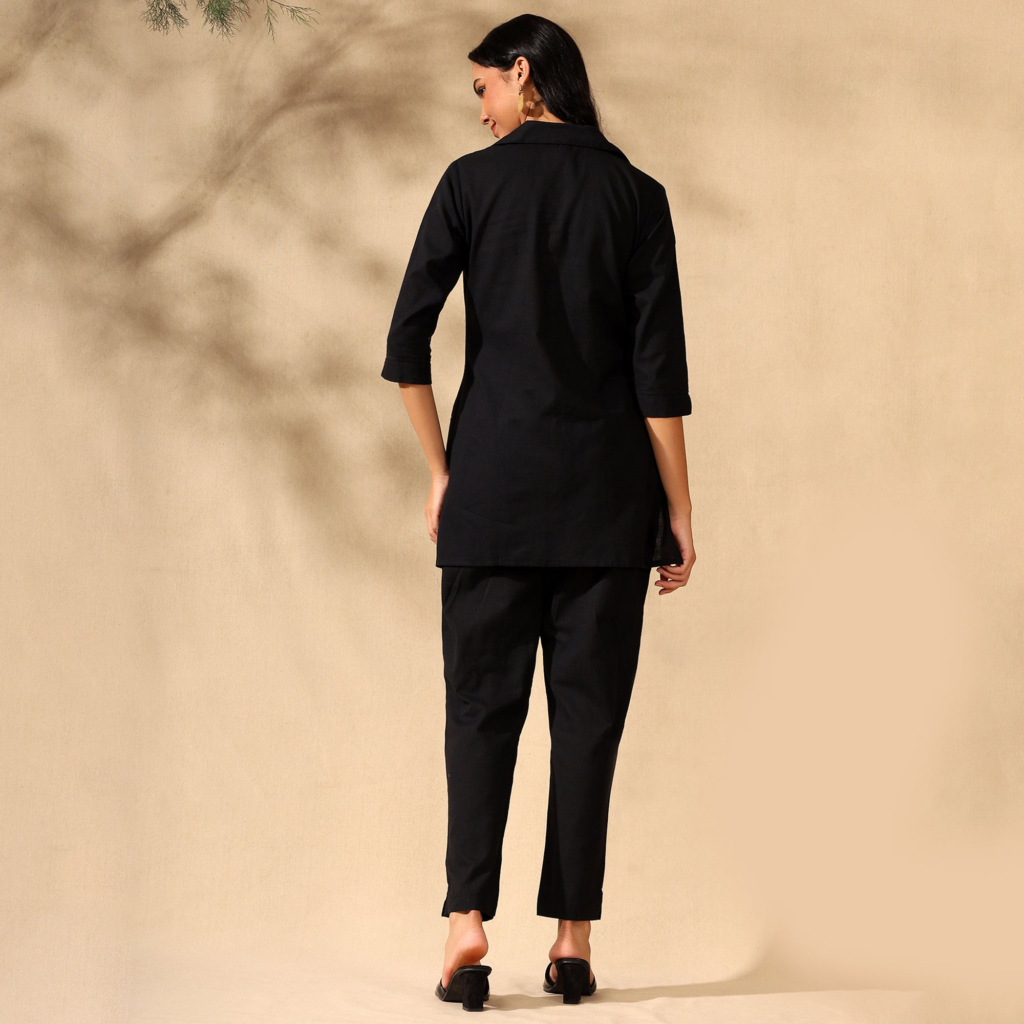 Floral Embroidered Pure Cotton Shirt With Trousers Black Co-ord Set