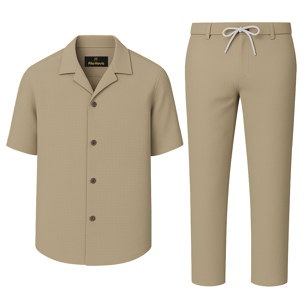 Men’s Premium Popcorn Texture Co-ord Set – Polyester Comfort Shirt & Trouser-Beige