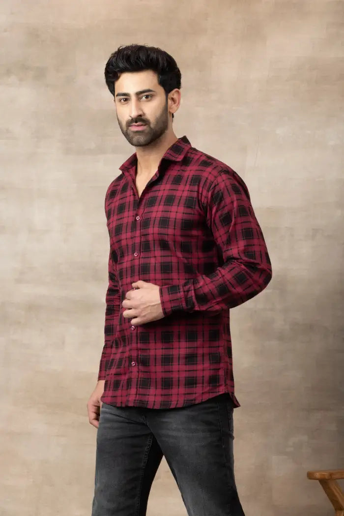 Check Regular Fit Cotton Pocket Shirt - Red