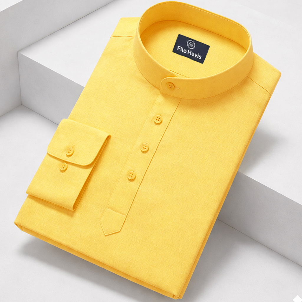 Cotton Chinese Collar Short Kurta for Men | Traditional Nehru Ethnic Shirts | Daily Wear-Yellow