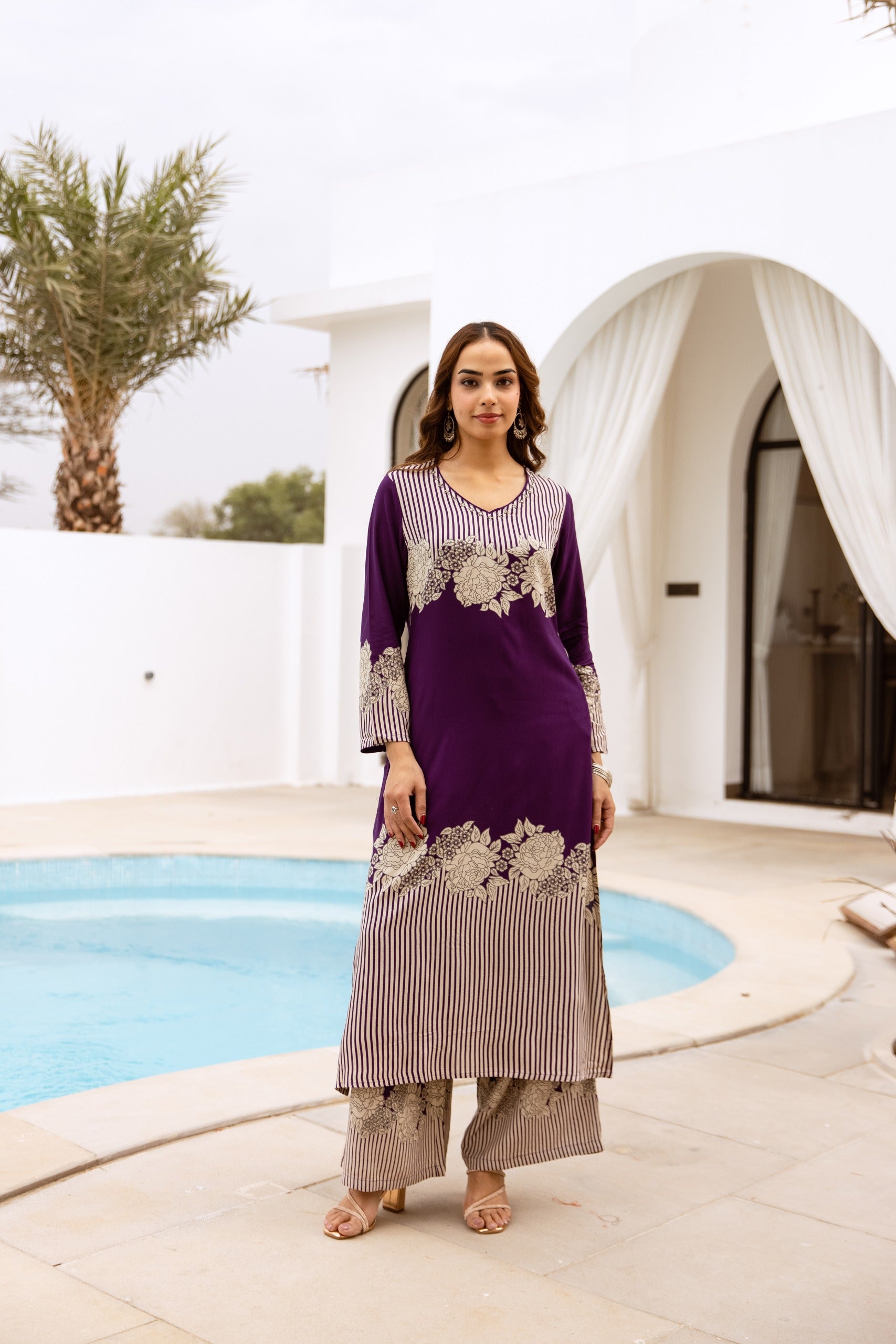 Floral Printed V-Neck Straight Cotton Kurta Set- Purple