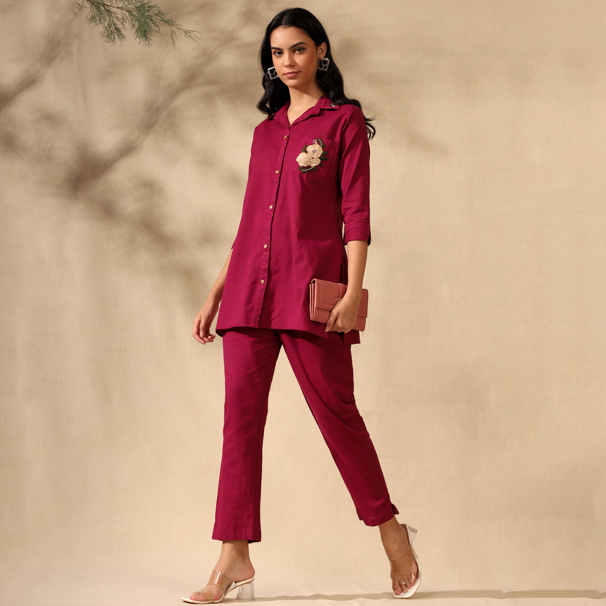 Floral Embroidered Pure Cotton Shirt With Trousers Maroon Co-ord Set