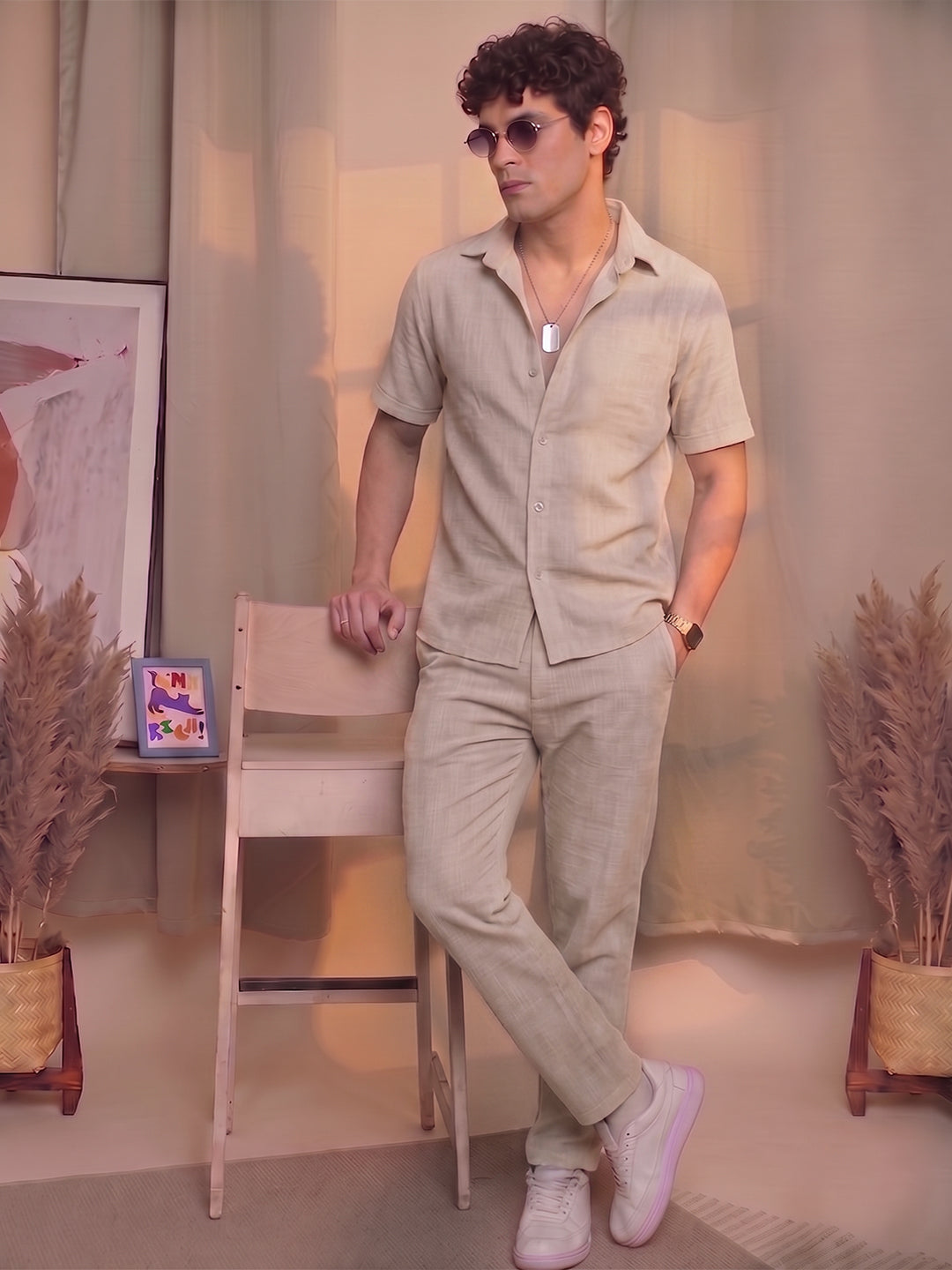 Men’s Premium Cotton Co-Ord Set | Resort Collar Shirt & Trouser Set | Khaki