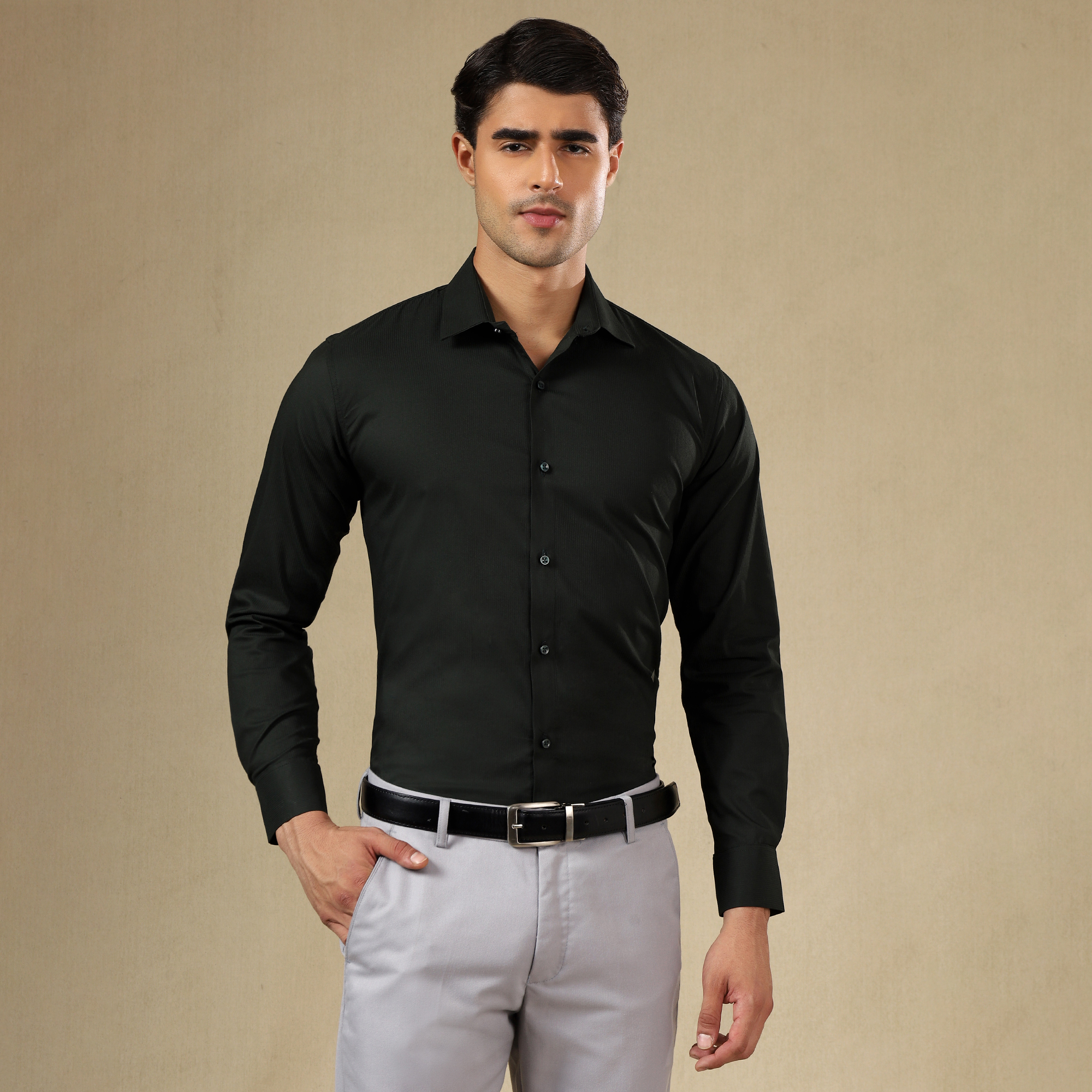 Men’s Classic Self-Striped Regular Fit Shirt- DARK GREEN