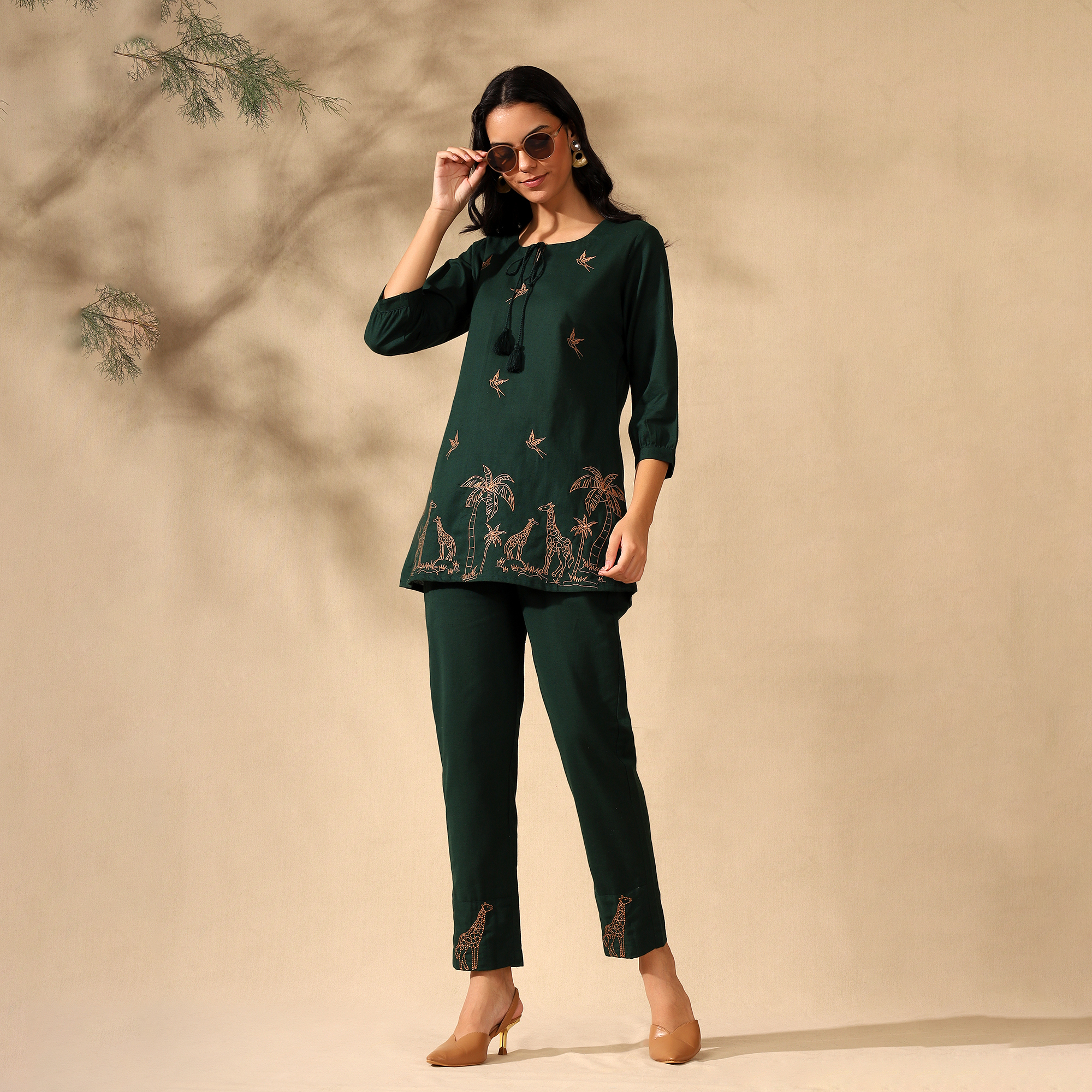 Embroidered Pure Cotton Tunic With Trousers Dark Green Co-ord Set