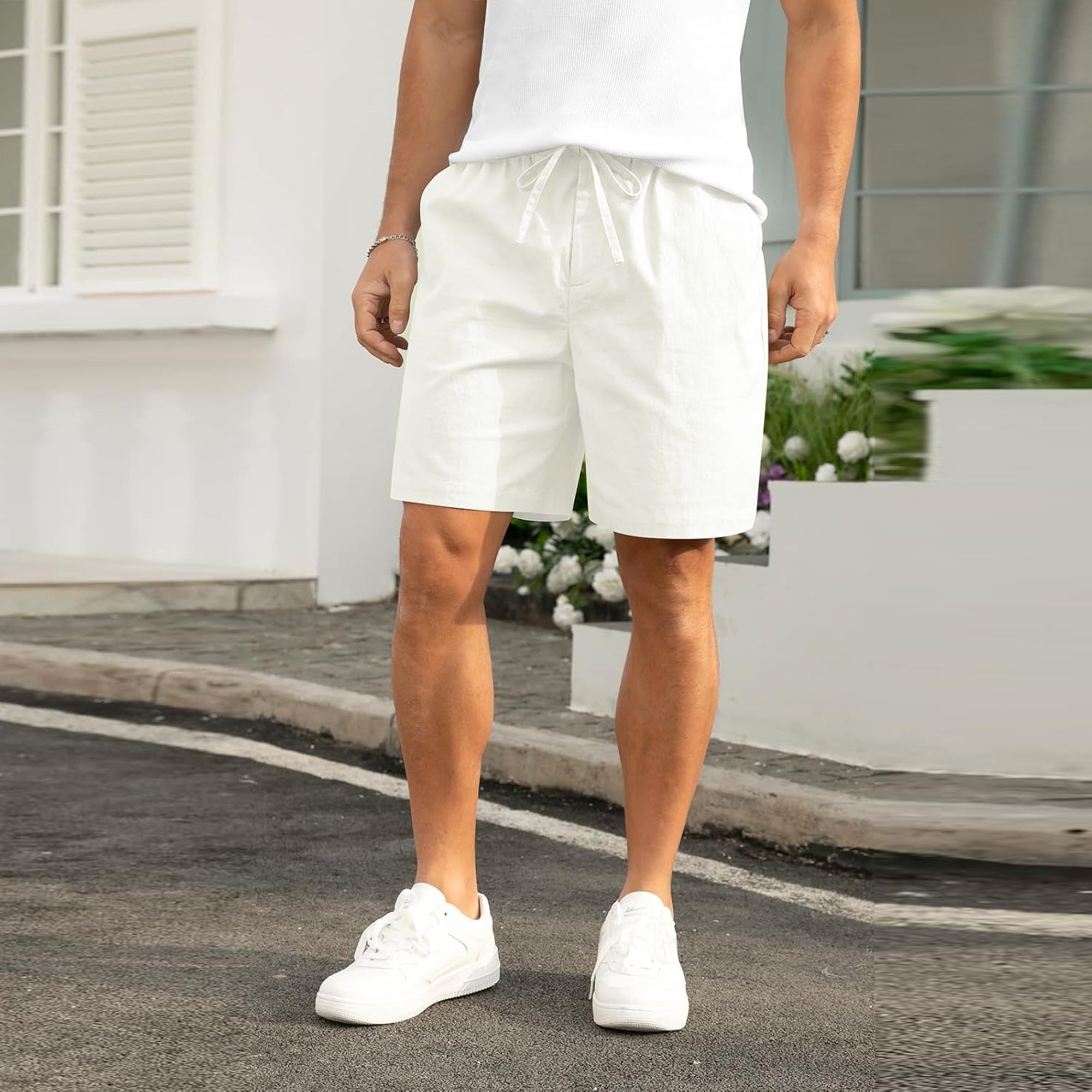 Mens Cotton Linen Shorts Casual Drawstring 8.5 inch Inseam Shorts Stretch Summer-White