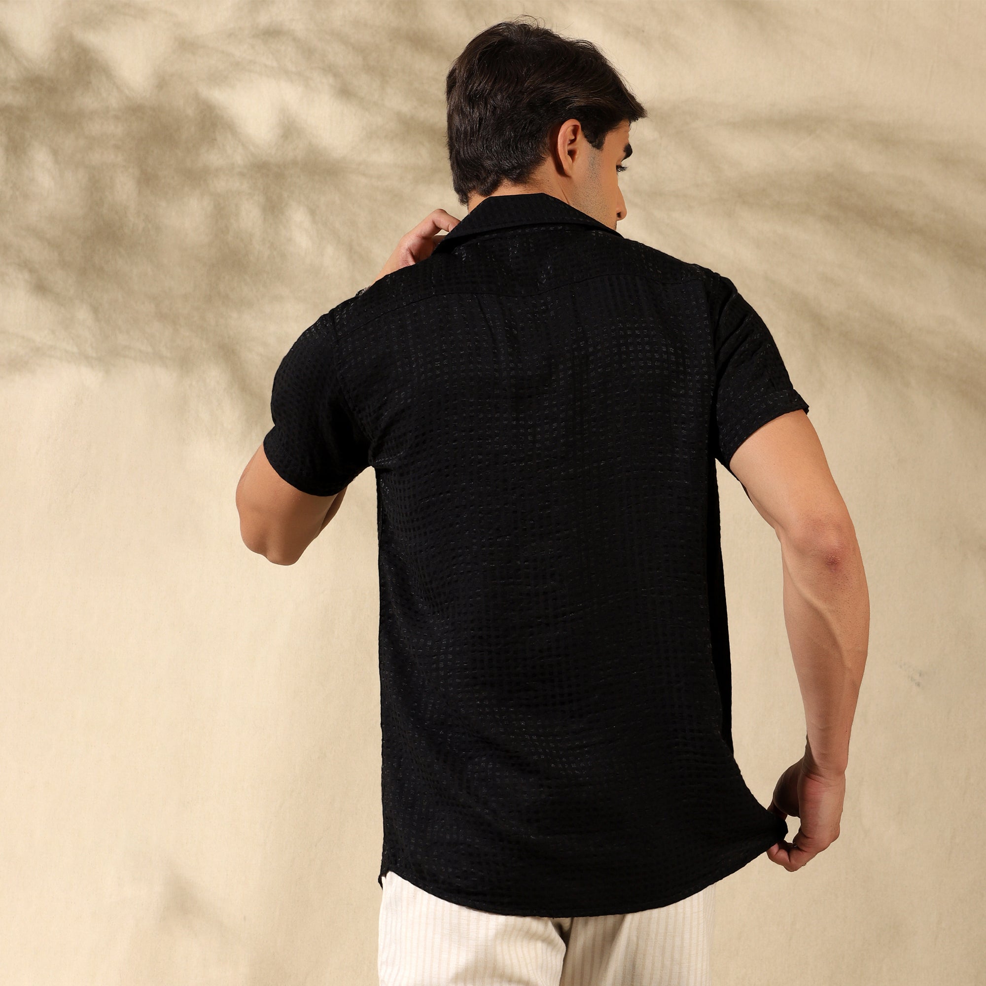 Men's Imported Textured Cuban Collar Casual Half Shirt Black
