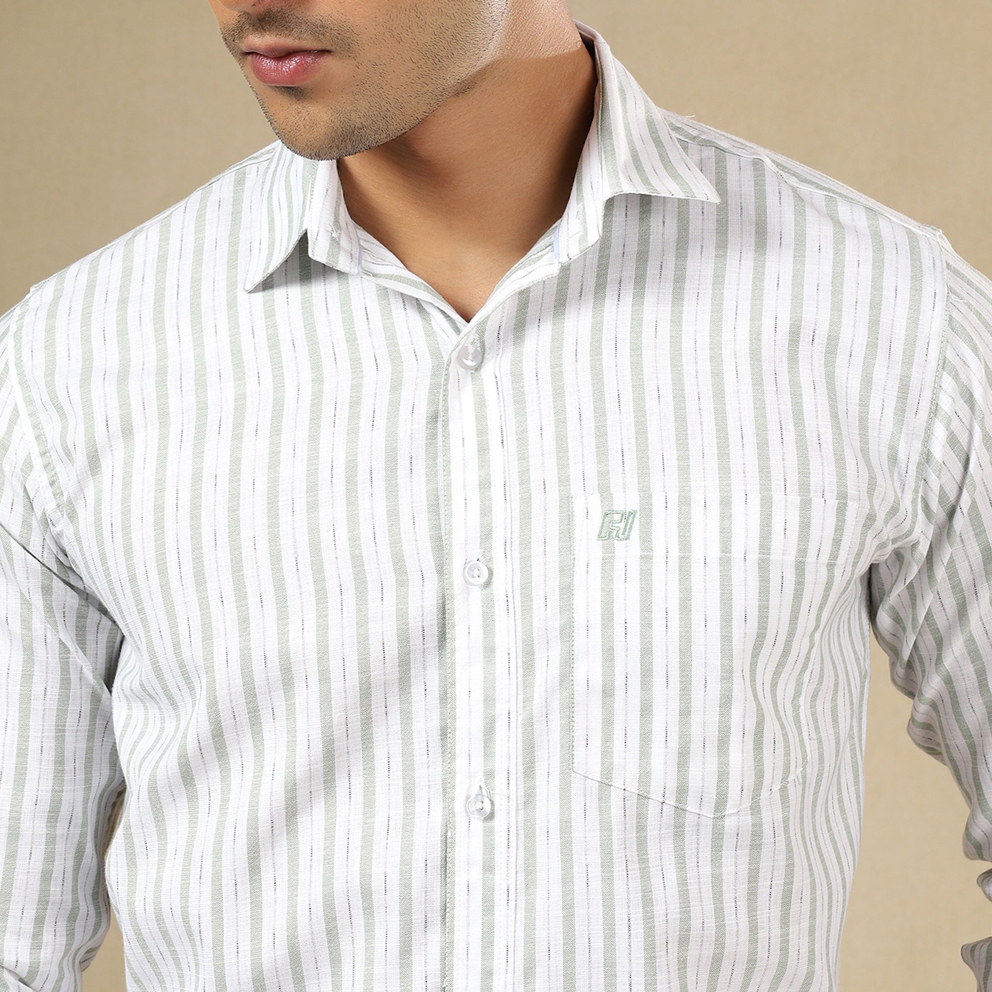 Men's Striped Linen Regular Fit Single Pocket Shirt- Green