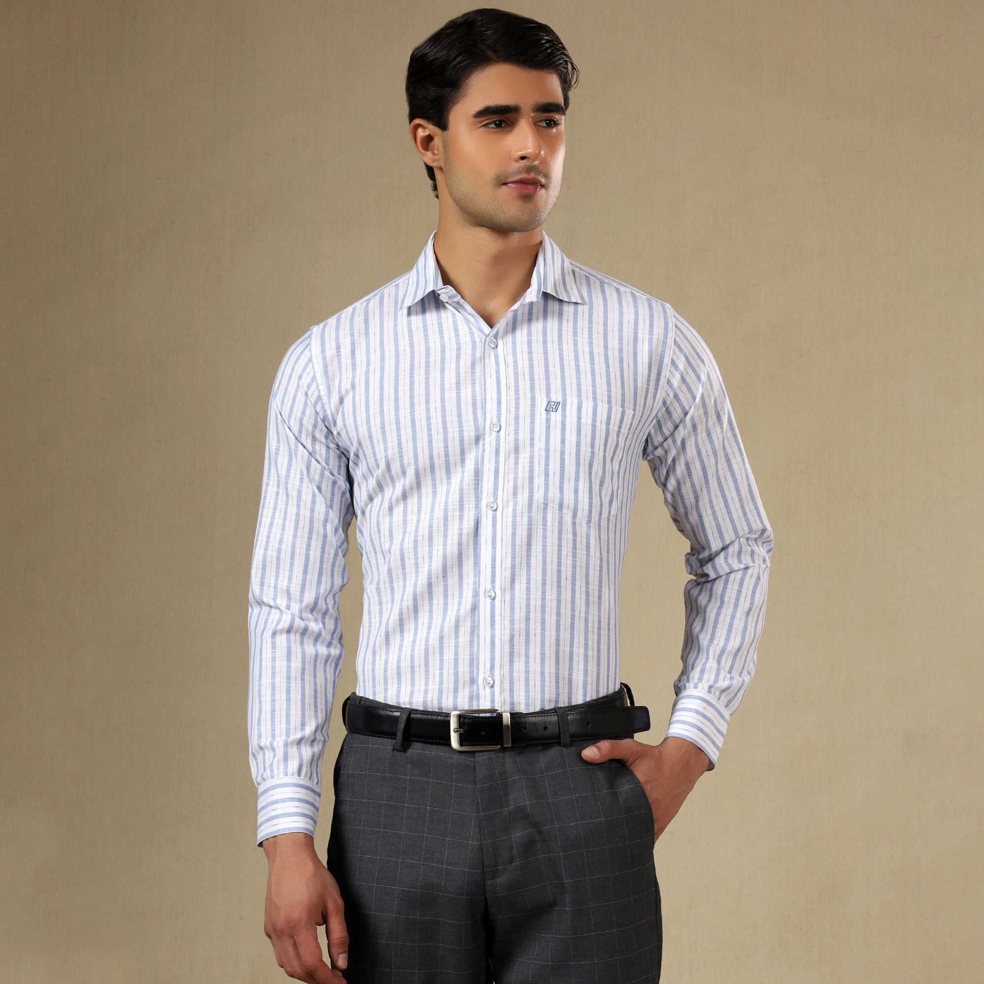 Men's Striped Linen Regular Fit Single Pocket Shirt- Sky Blue