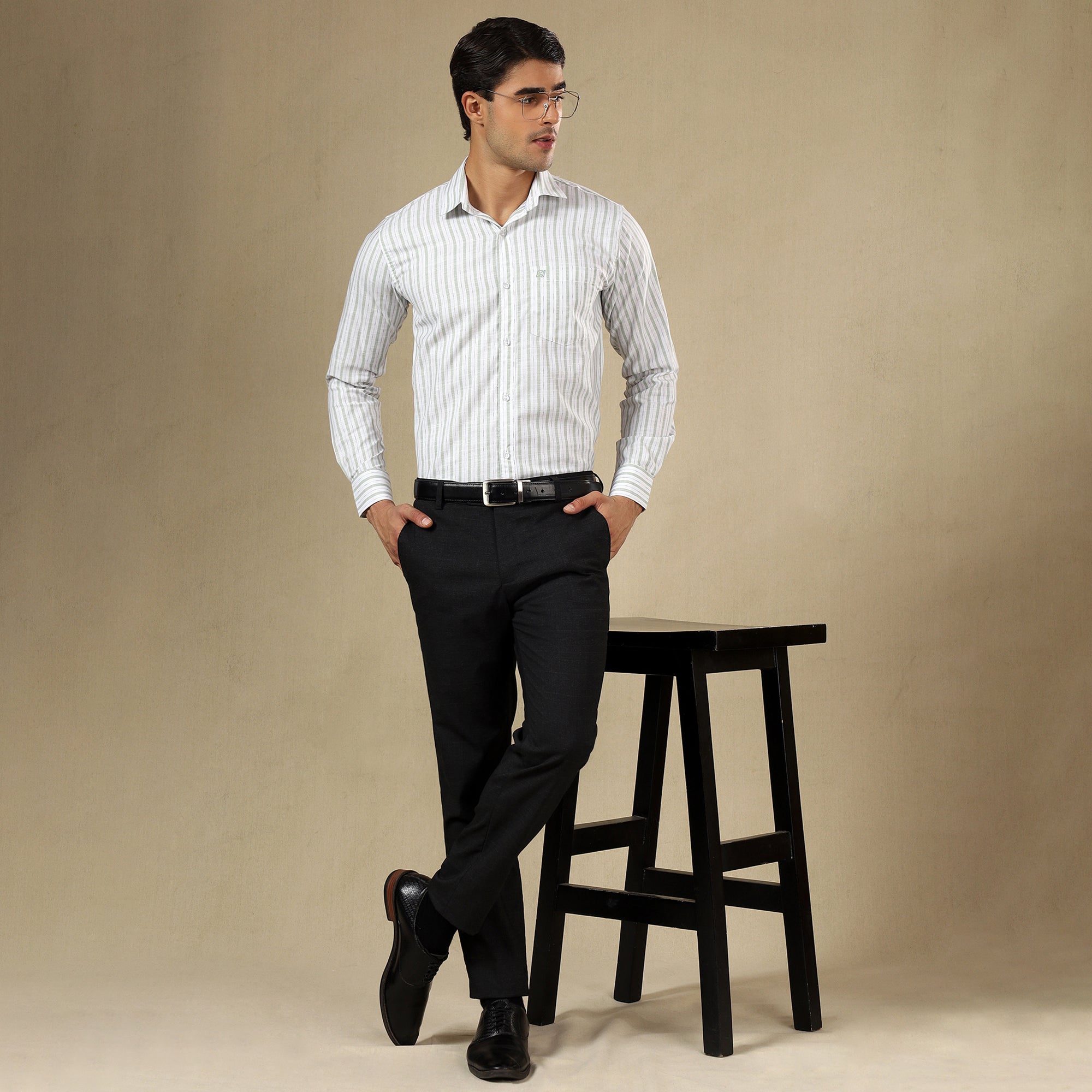 Men's Striped Linen Regular Fit Single Pocket Shirt- Green