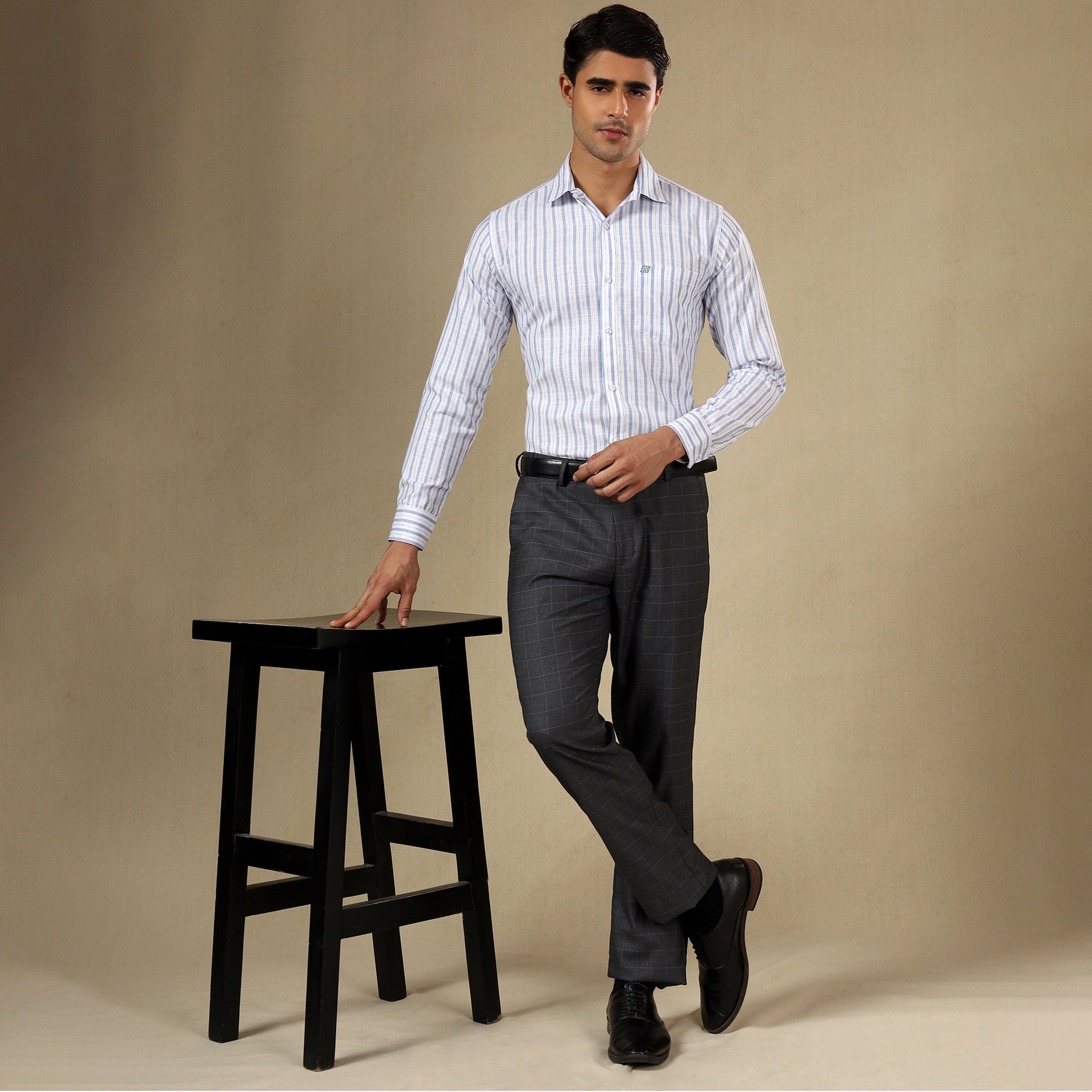 Men's Striped Linen Regular Fit Single Pocket Shirt- Sky Blue