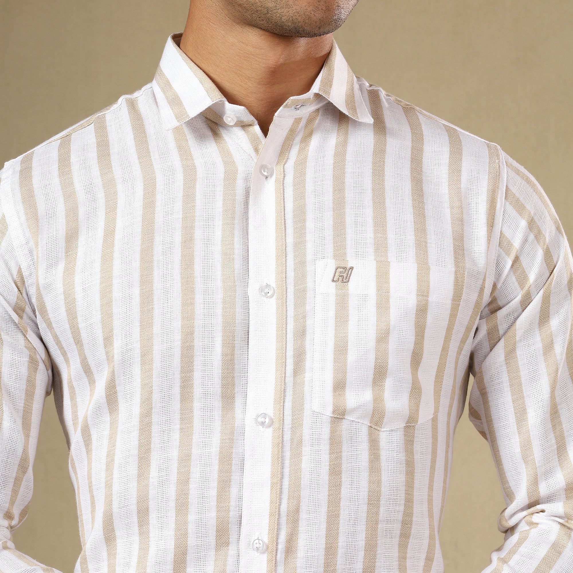 Men's Striped Linen Regular Fit Single Pocket Shirt- Yellow