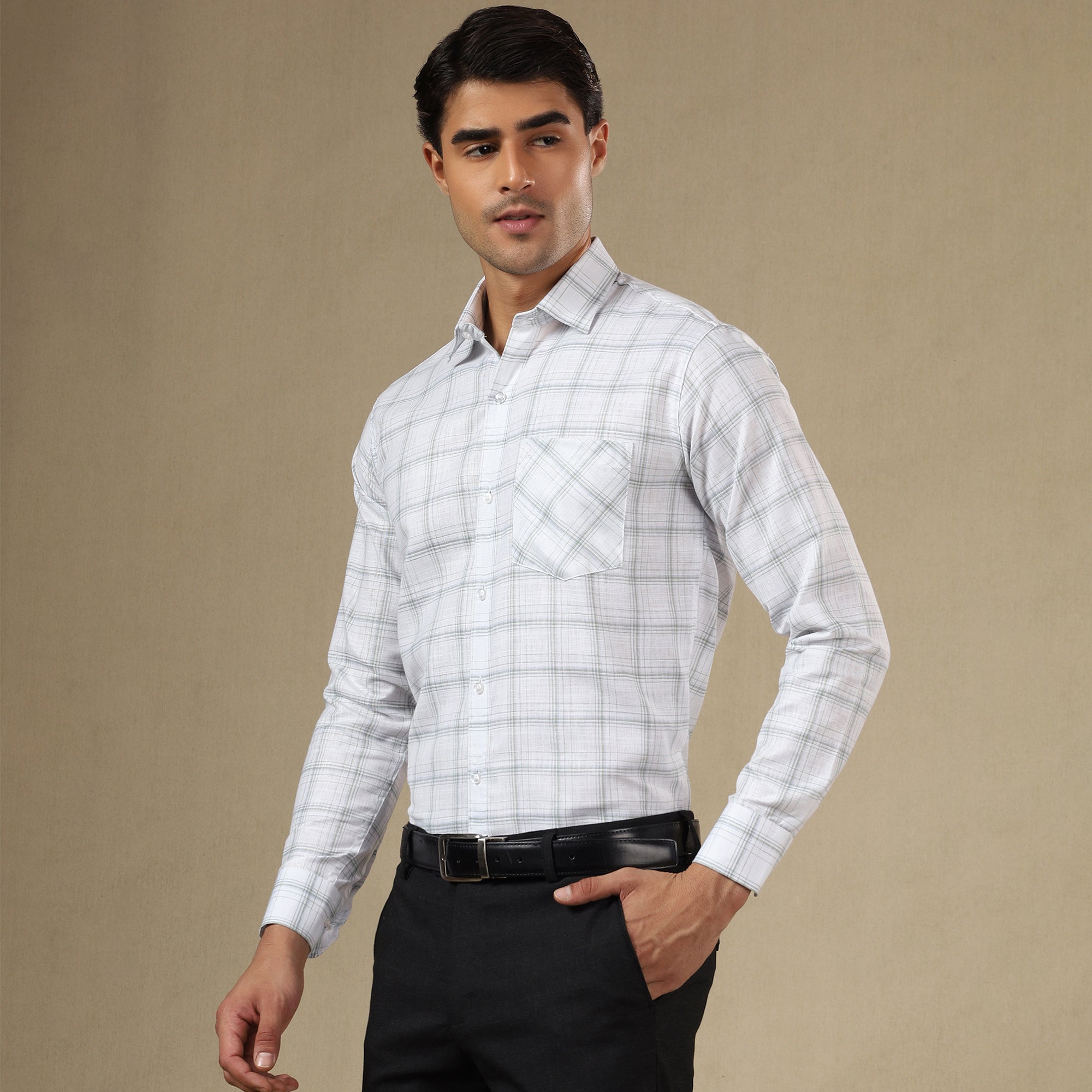 Men's Check Linen Regular Fit Single Pocket Shirt- White