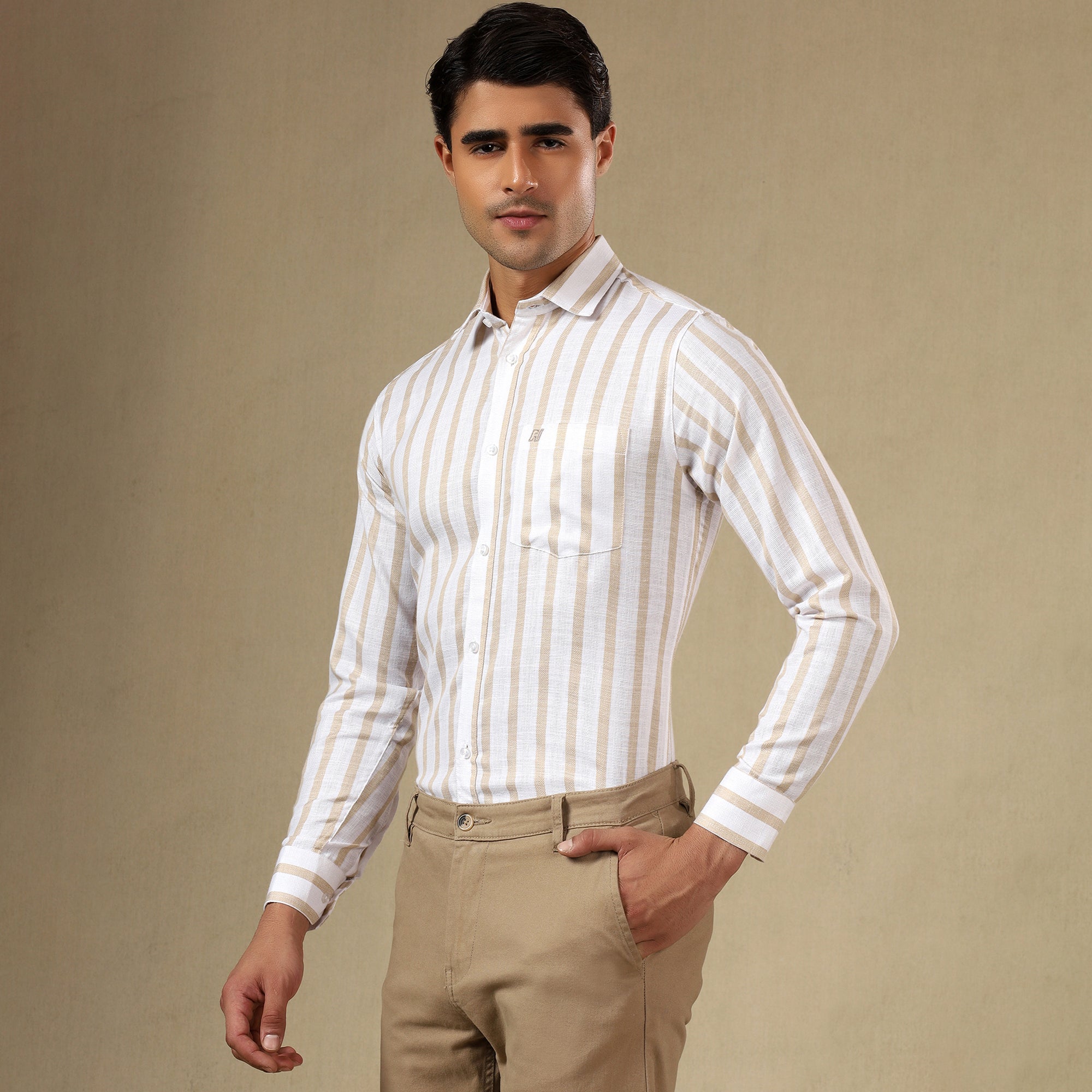 Men's Striped Linen Regular Fit Single Pocket Shirt- Yellow