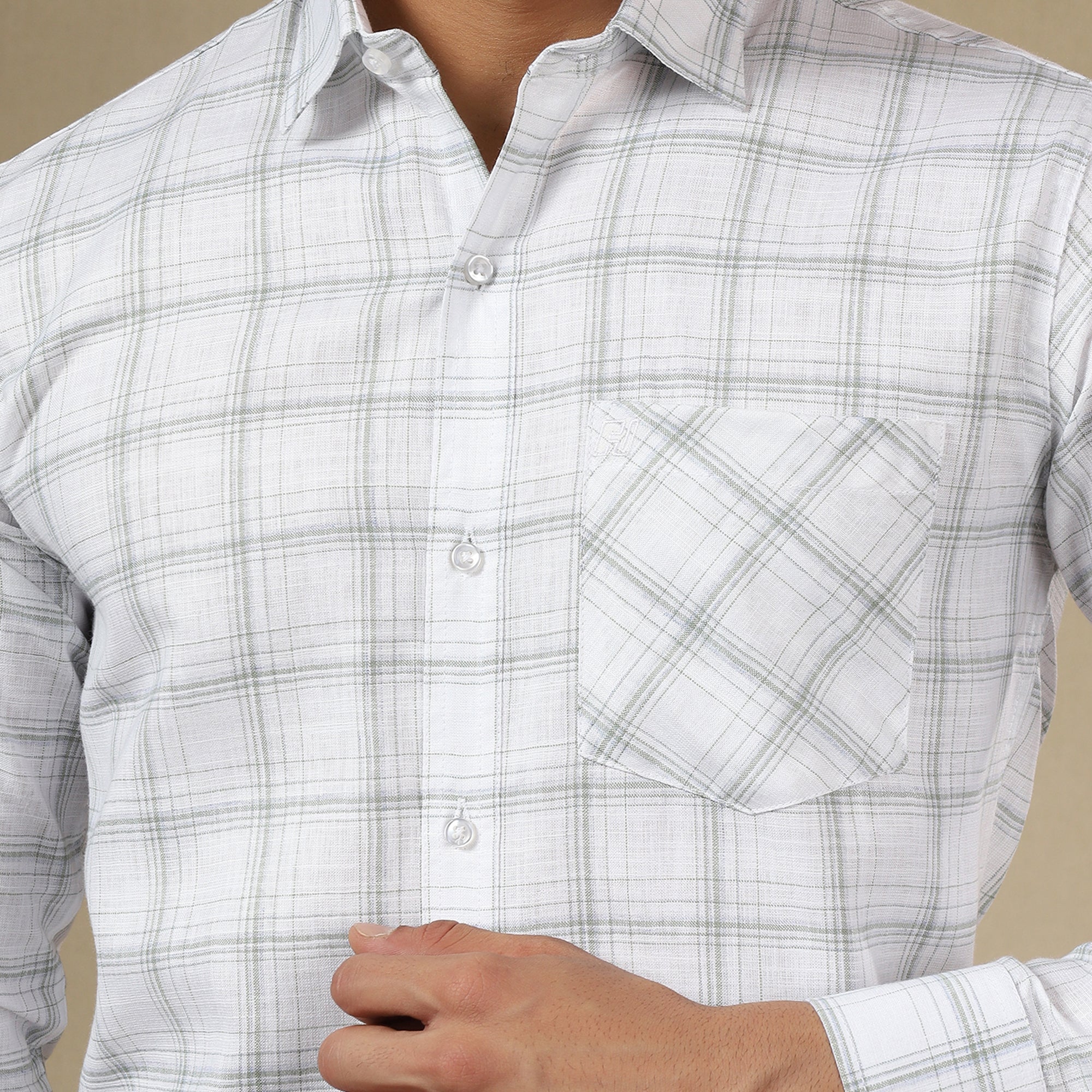 Men's Check Linen Regular Fit Single Pocket Shirt- White
