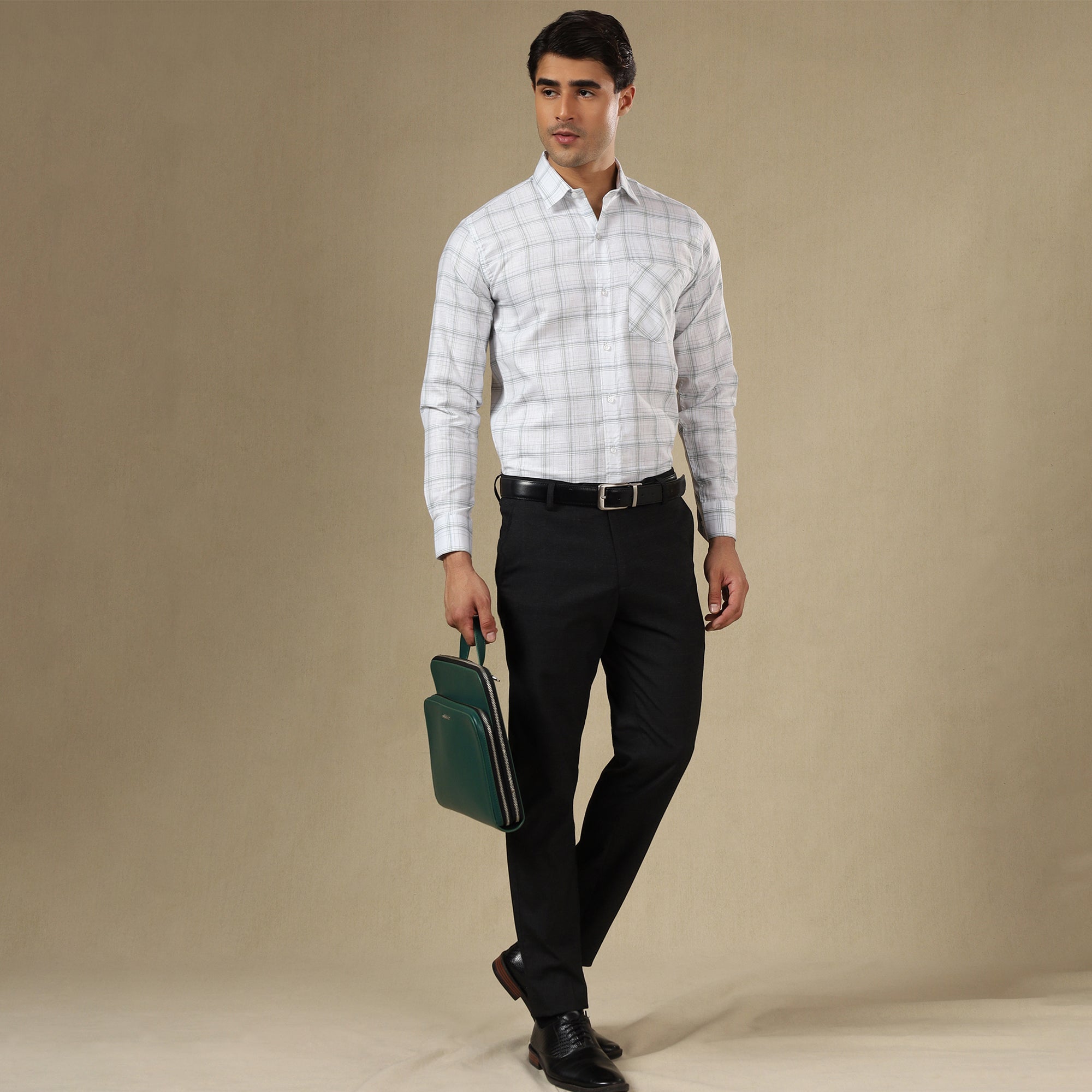 Men's Check Linen Regular Fit Single Pocket Shirt- White
