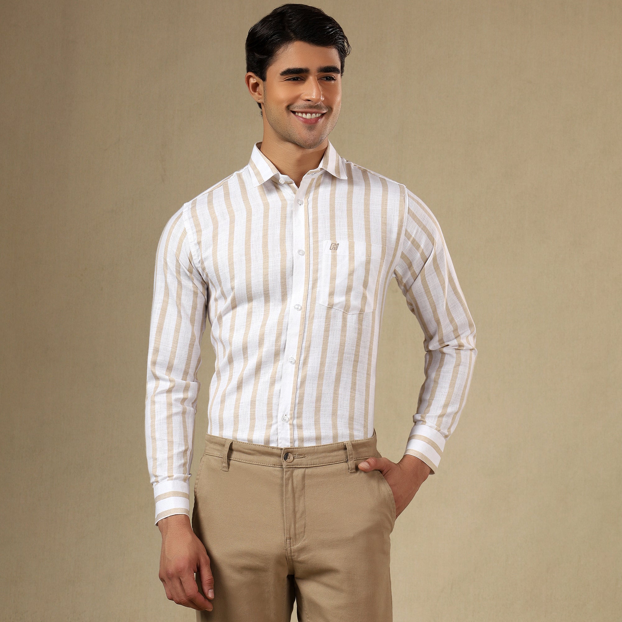 Men's Striped Linen Regular Fit Single Pocket Shirt- Yellow