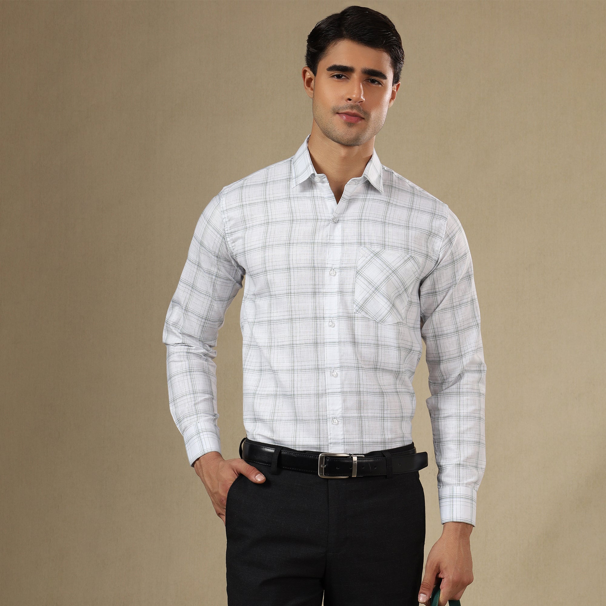 Men's Check Linen Regular Fit Single Pocket Shirt- White