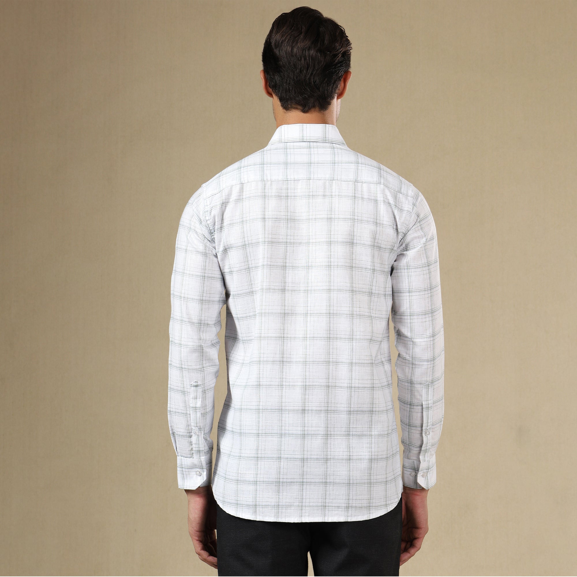 Men's Check Linen Regular Fit Single Pocket Shirt- White
