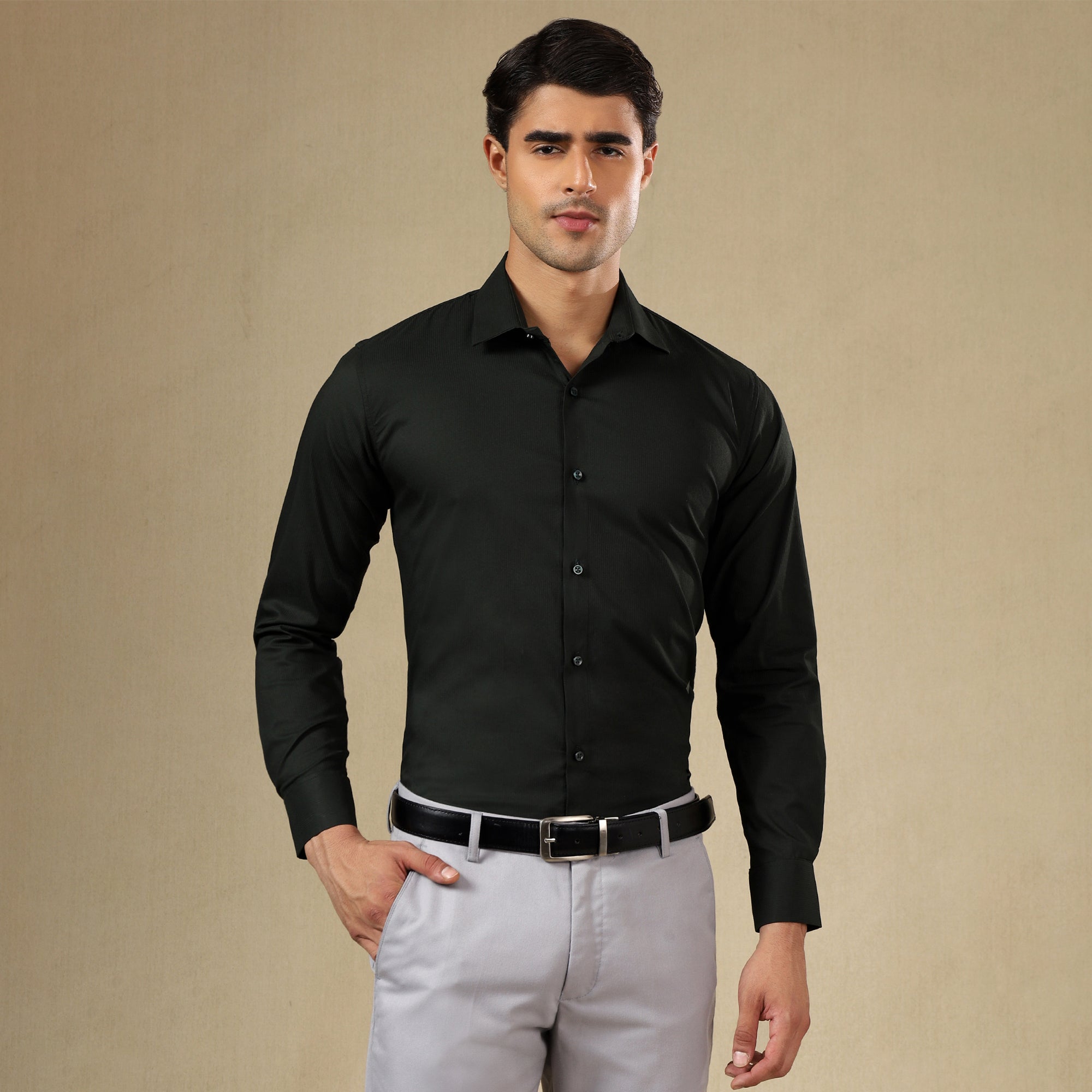 Men’s Classic Self-Striped Regular Fit Shirt- Black